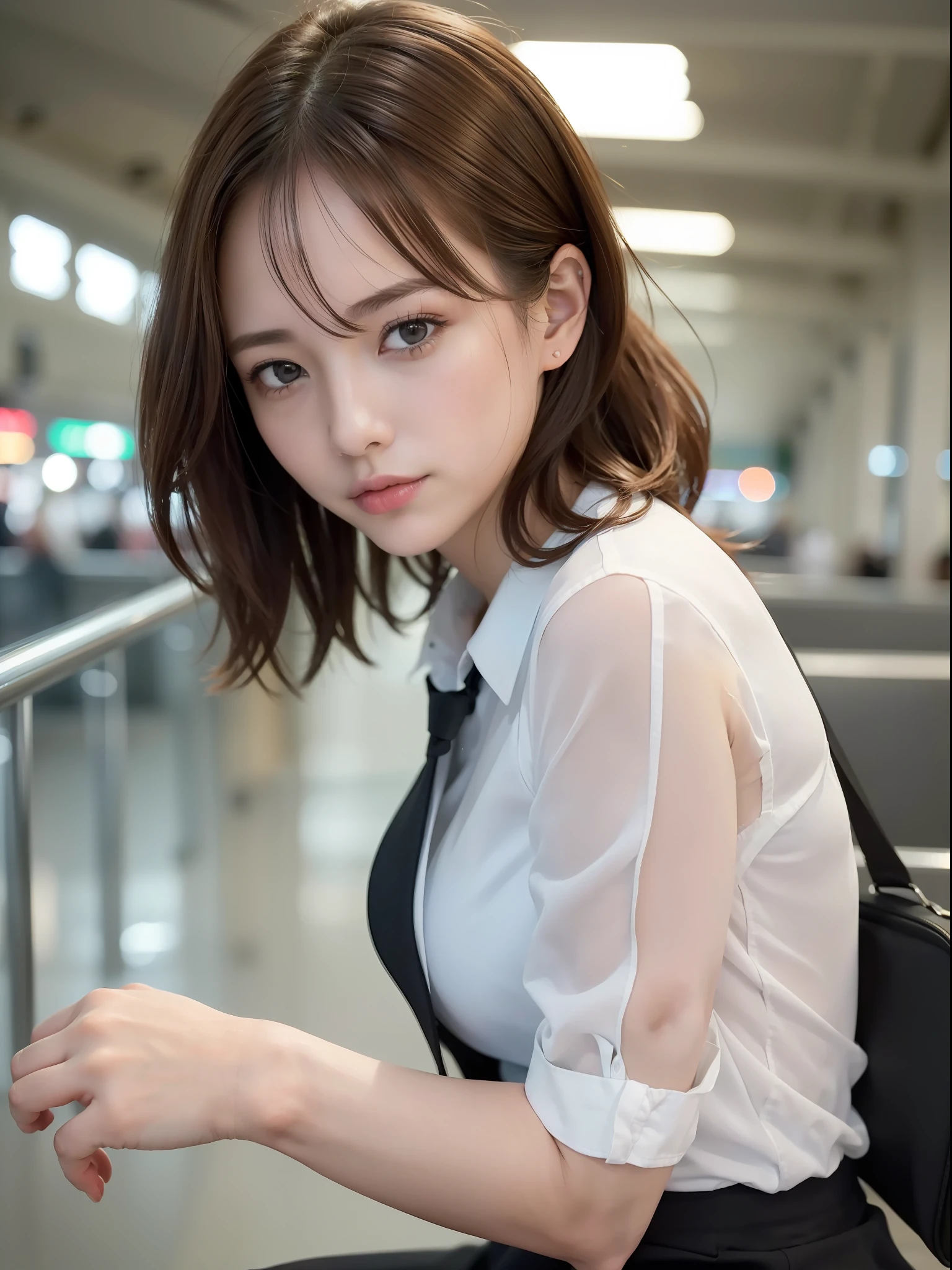 ((Best quality, 8k, Masterpiece: 1.3, raw photo)), Sharp focus: 1.2, (1 AESPA girl: 1.1), (realistic, photo-realistic:1.37), face focus, cute face, kindness, small breasts, flat chest, brunette short messy hair, sitting, business suit skirt, white shirt, train terminal, airport, sunlight, cinematic lighting