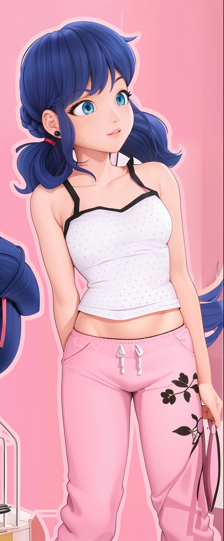 (masterpiece, best quality), (solo), 1girl, cute face, adult torso, (((long hair down))), plain white sleeveless shirt, ((pink sweatpants)), medium sized breasts, 