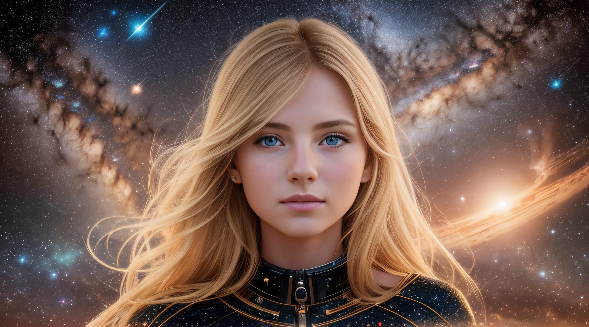 (8k, RAW photo, best quality, masterpiece:1.2), (realistic, photo-realistic:1.2), (pureerosface_v1:0.2))woman, young, blond hair, light brown eyes, showing only the silhouette, in outer space, reflecting on her body the glows of the stars and self-planets --s2