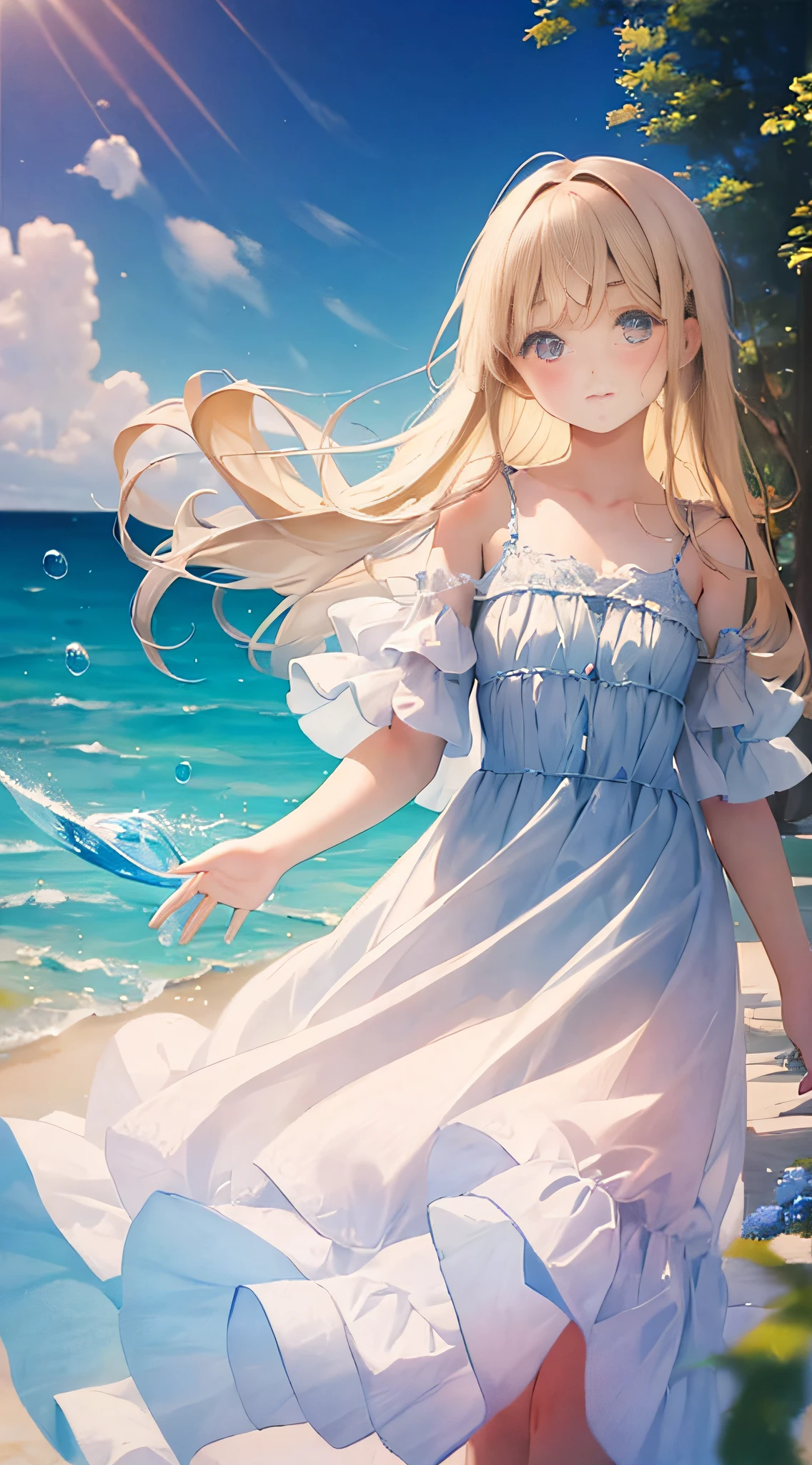 art by Cornflower, dready (A ite girl with beautiful delicate eyes.) The depth of field in the photo is perfect, and the lens flare adds a nice touch. The delicate detail on her face really stands out, scoring for this photo that is definitely greater than 10. In the background is a beautiful ocean with crystal clear water and water droplets on the surface. This is a stunning photo that really captures the beauty of the girl and the water. )