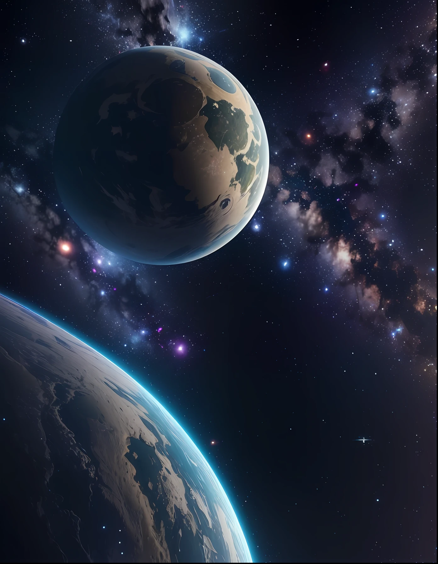 PhotoRealistic, Outer Space, ((1planet)) and stars in space night Sharp focus rich in detail by Steven Spielberg, resolution 8K HDR Cinema 4D deviantart Unreal Engine 5 futuristic volumetric lighting galactic space --auto --s2