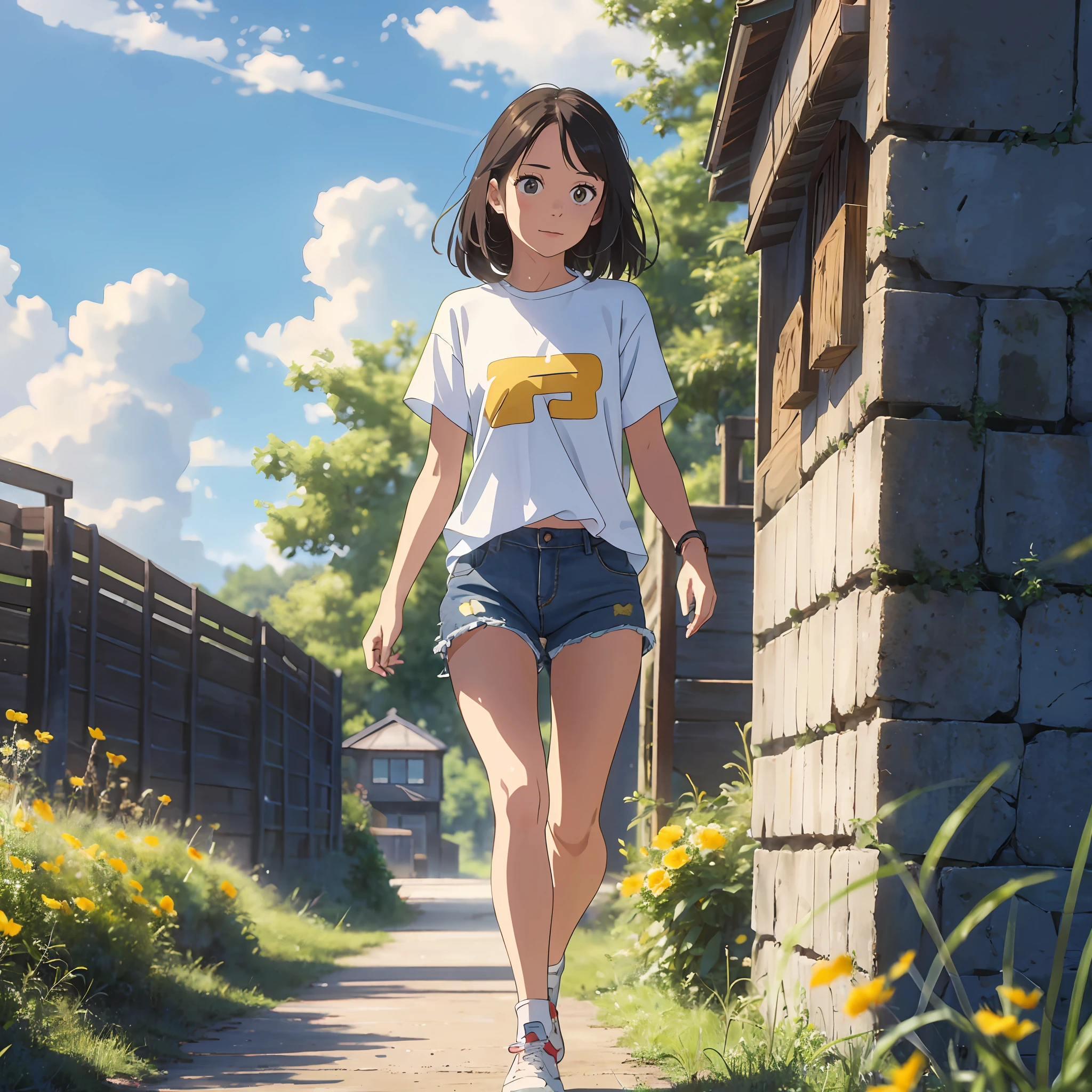 (Best Quality, 8k, 32k, Masterpiece, UHD: 1.2, Ray Tracing: 1.2, Real: 1.2), 1girl, (Side: 1.5), Yellow Short Sleeves, Denim Shorts, Sneakers, (Prairie, Long Range, Running in Prairie: 1.5), Happy, Blue Sky, White Clouds, Meadow, Little Flower, --auto --s2