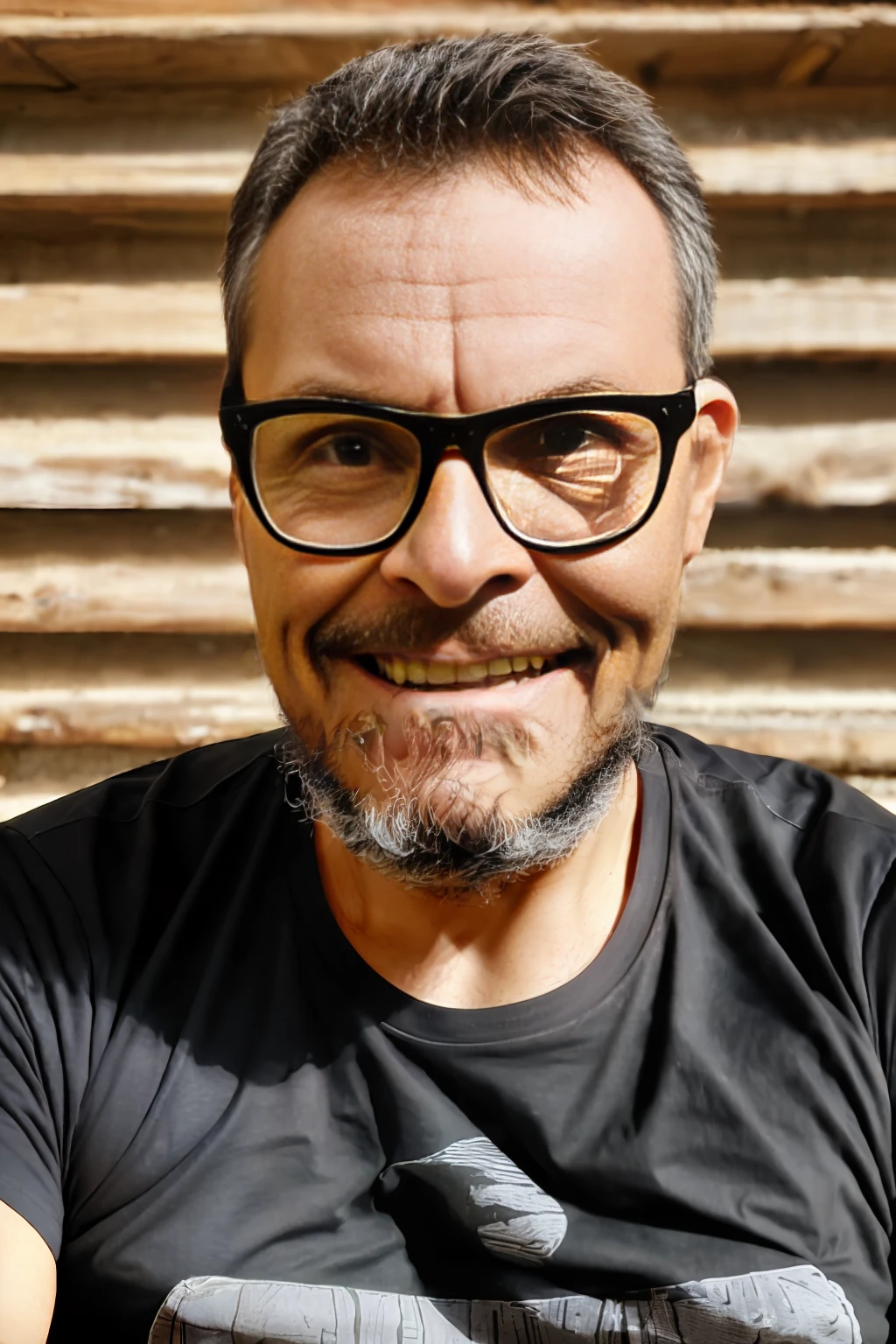 full frame, close portrait, rustic, male model, brunette man, ((glasses)), ((black t-shirt)), tanned and wrinkled skin, military-style gray hair, lumberjack beard, dark brown eyes, (skin texture), skin pores, depth of field, sharp eye focus, backlit