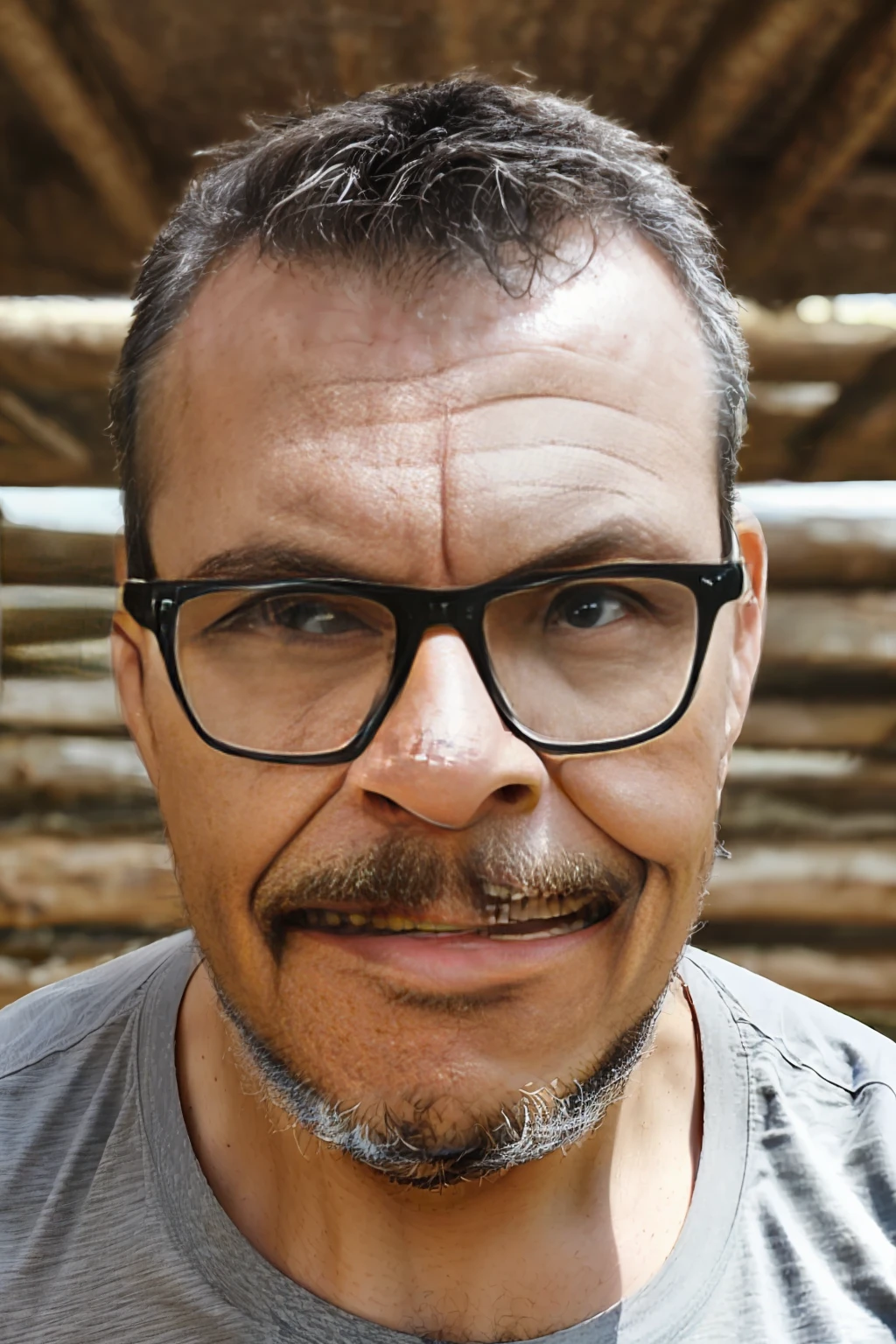 full frame, close portrait, rustic, male model, brunette man, ((glasses)), ((black t-shirt)), tanned and wrinkled skin, military-style gray hair, lumberjack beard, dark brown eyes, (skin texture), skin pores, depth of field, sharp eye focus, backlit