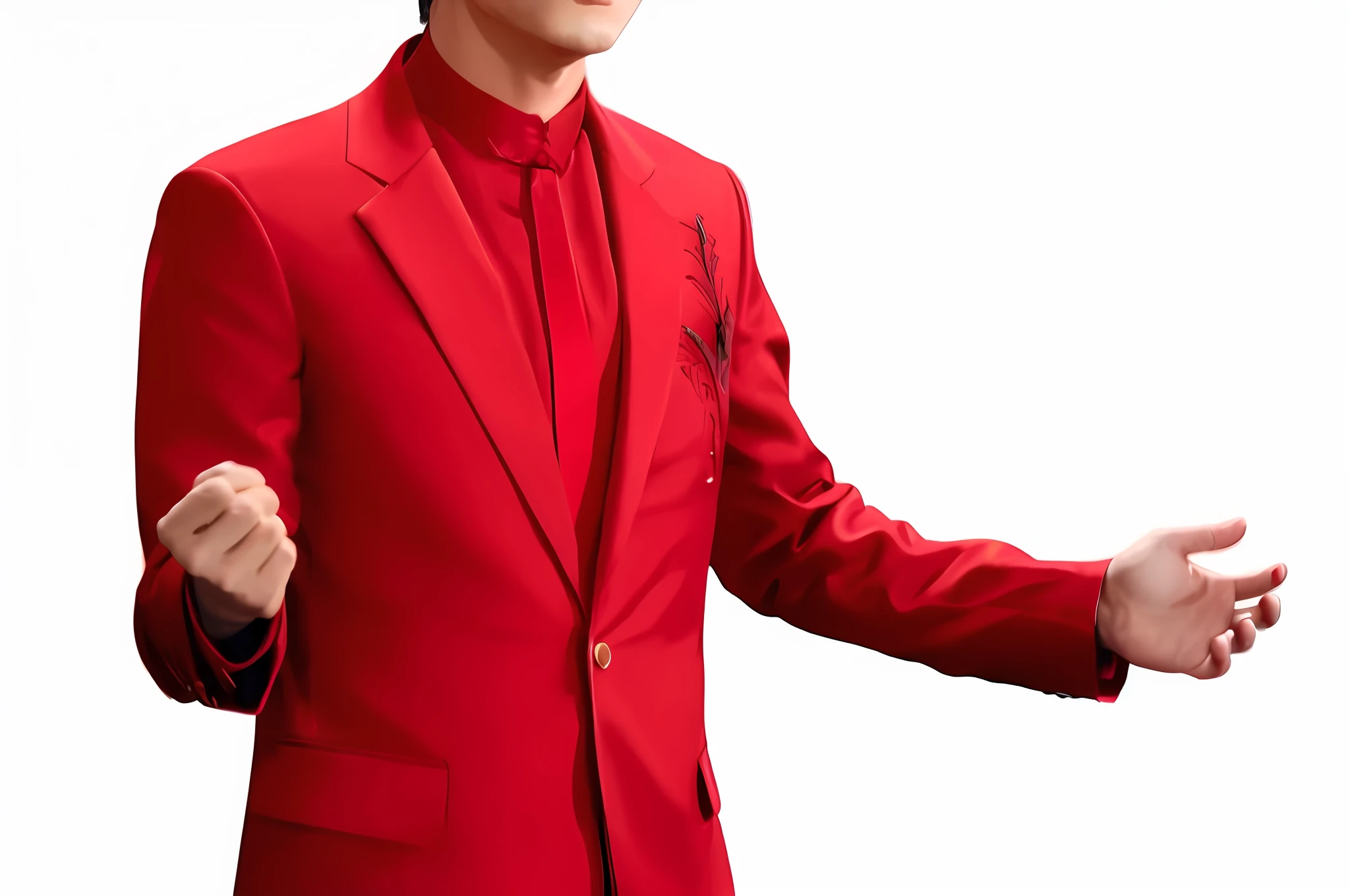 arafed man in a red suit and tie with his hands out, red suit, wearing red formal attire, red and black suit, wearing a black and red suit, black and red suit, dragon - inspired suit, high quality suit, wearing red attire, dominating red color, cool red jacket, black and red silk clothing, red uniform, red jacket