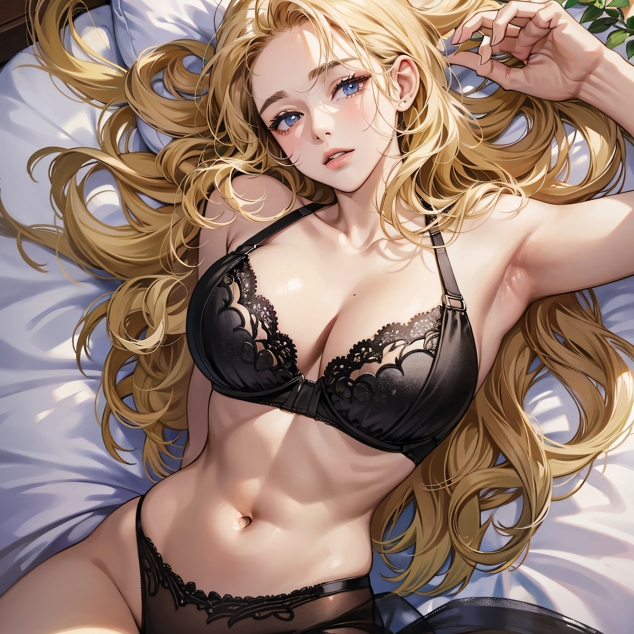((Top Quality, 8k, Masterpiece: 1.3)), Crisp Focus: 1.2, Blonde Beauties: 1.4, ((Layer Cut, Big: 1.2)), (Sleeping in bed in one piece of underwear, Open Legs: 1.2), Highly Detailed Face and Skin Texture, Detailed Eyes, Double Eyelids, Raw Photos, See-Through, Bra Black --auto --s2