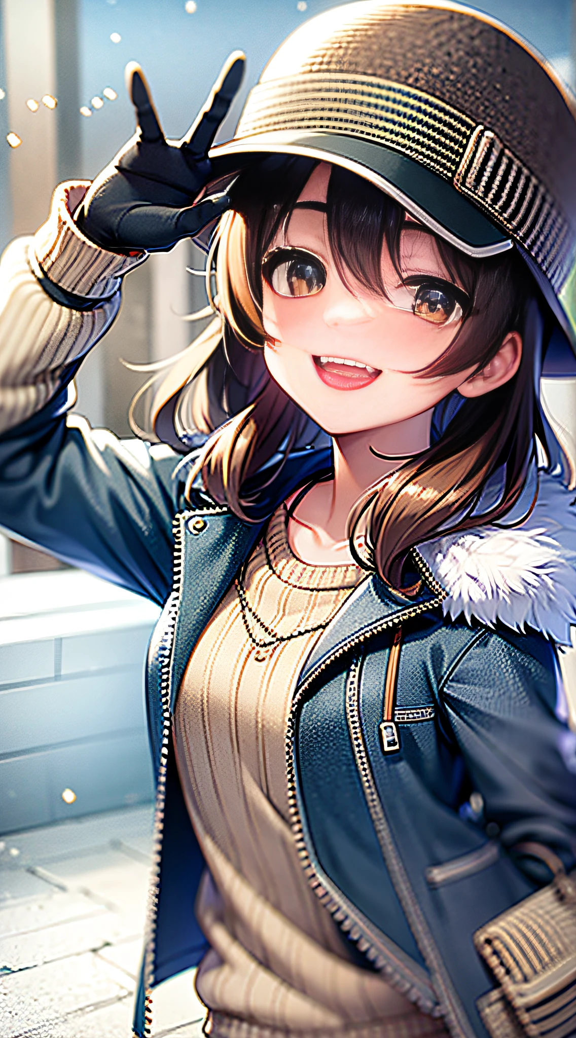 Tomboy, brunette hair, jacket, smile, waving, hat, snow, beautiful, cute, blush, dappled sun, icy breath