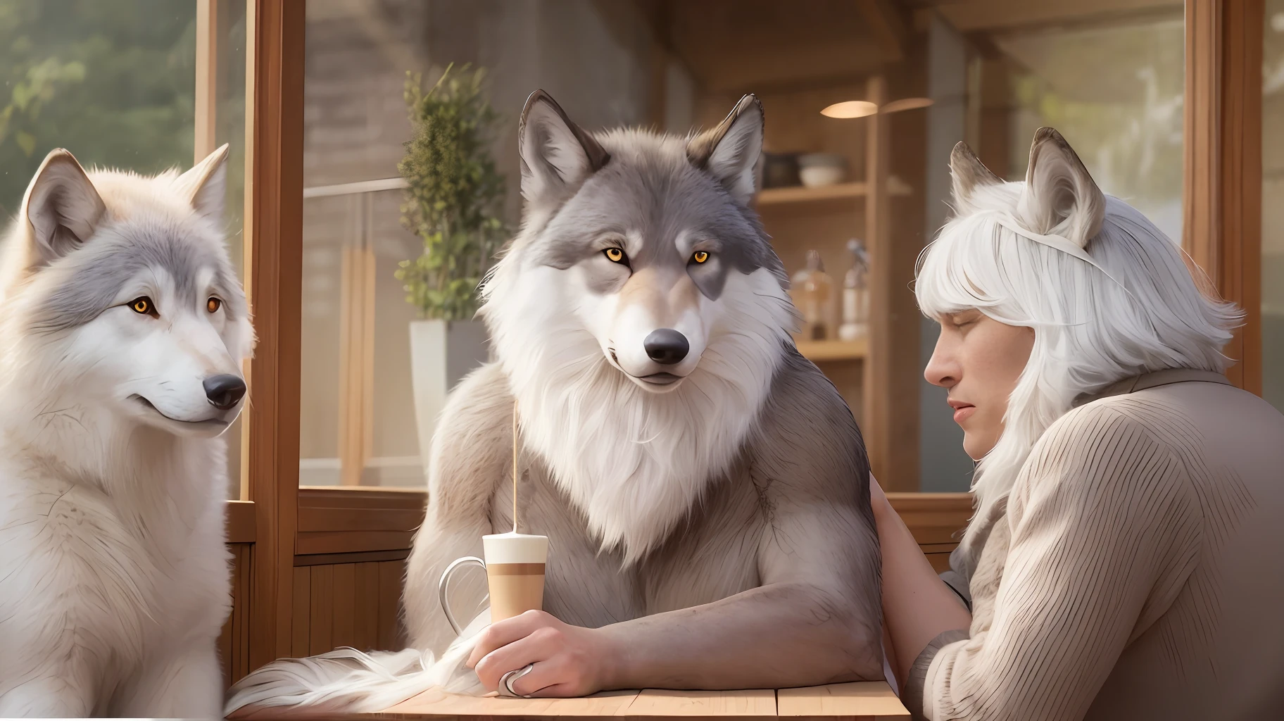 Furry, café, long view, warm light source, cup of coffee, three wolf orcs, white hair --auto --s2