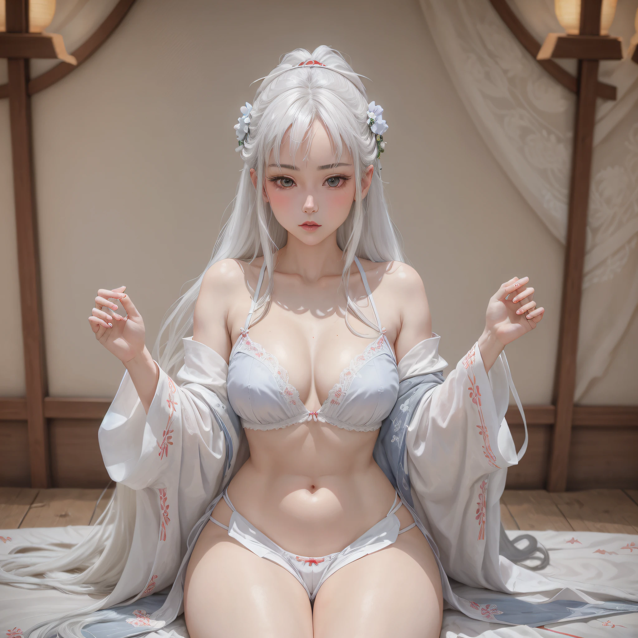 Igril, white, thighs graçs, straight and long hair of white color, open white kimono, neckline, panties, grnades breasts, word love in Japanese written in red on the pupils of the character's blue eyes, sitting on the bed in a sensual way, posed for photo, small bra --auto --s2