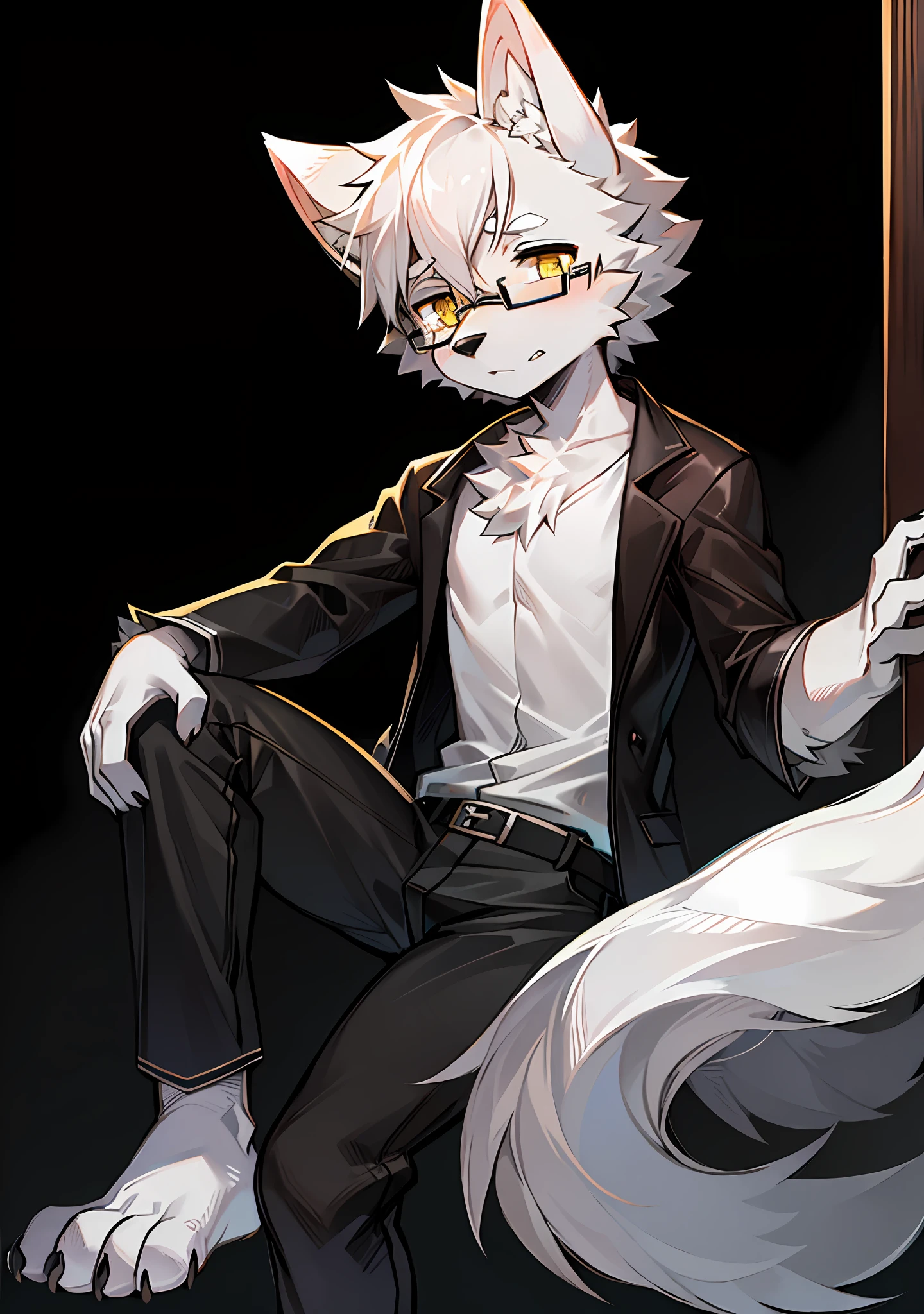 Highest quality, high resolution, high rendering precision, wolf, gray and white color scheme, white ears, yellow pupils, wearing black-framed glasses, male, single, ager