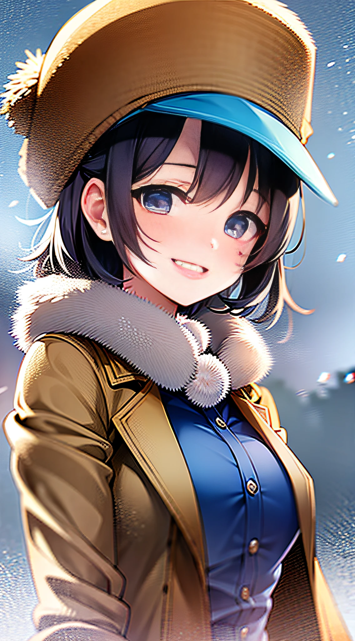 Tomboy, brunette hair, jacket, smile, waving, hat, snow, beautiful, cute, blush, dappled sun, icy breath