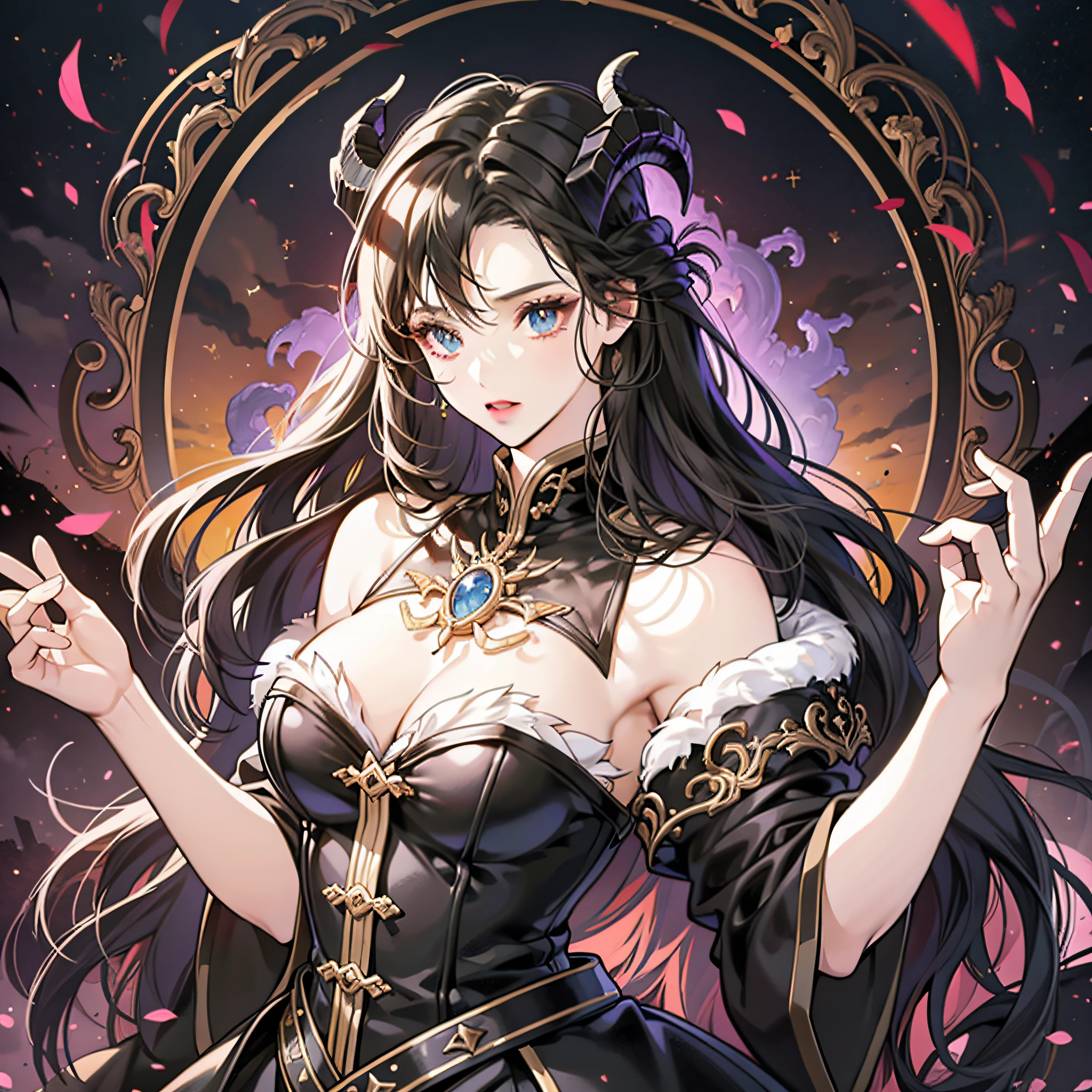 1girl, abundance, goddess, black goat, black hair, gray eyes, cross pupil, domineering, tall, cthulhu, cloud, god, gothic costume, adult woman, mother, great mother goddess, forest, mysterious, dark, tentacle, details, best quality, sense of atmosphere, indescribable, old dominator, mirror of the moon, eyeliding, domineering, haughty, violence, queen, gothic costume, Valkyrie, refinement, detail, nobility, night, horns