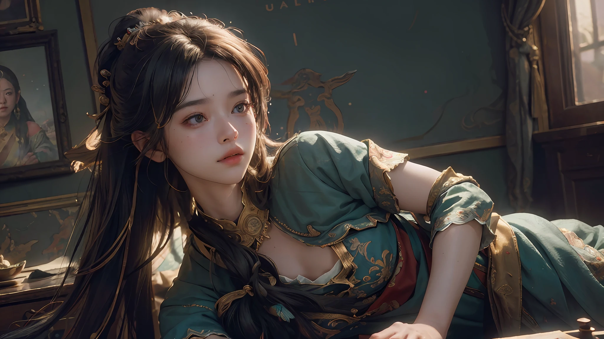 (RAW photo, best quality), (realistic, photo-realistic:1.3),best quality,highly detailed,masterpiece,ultra-detailed,illustration,1girl,upper_body,dynamic angle,world masterpiece theater,messy_long_hair,best quality,extremely detailed CG unity 8k wallpaper,ink,Amazing,cinematic lighting,lens_flare, dunhuang_style