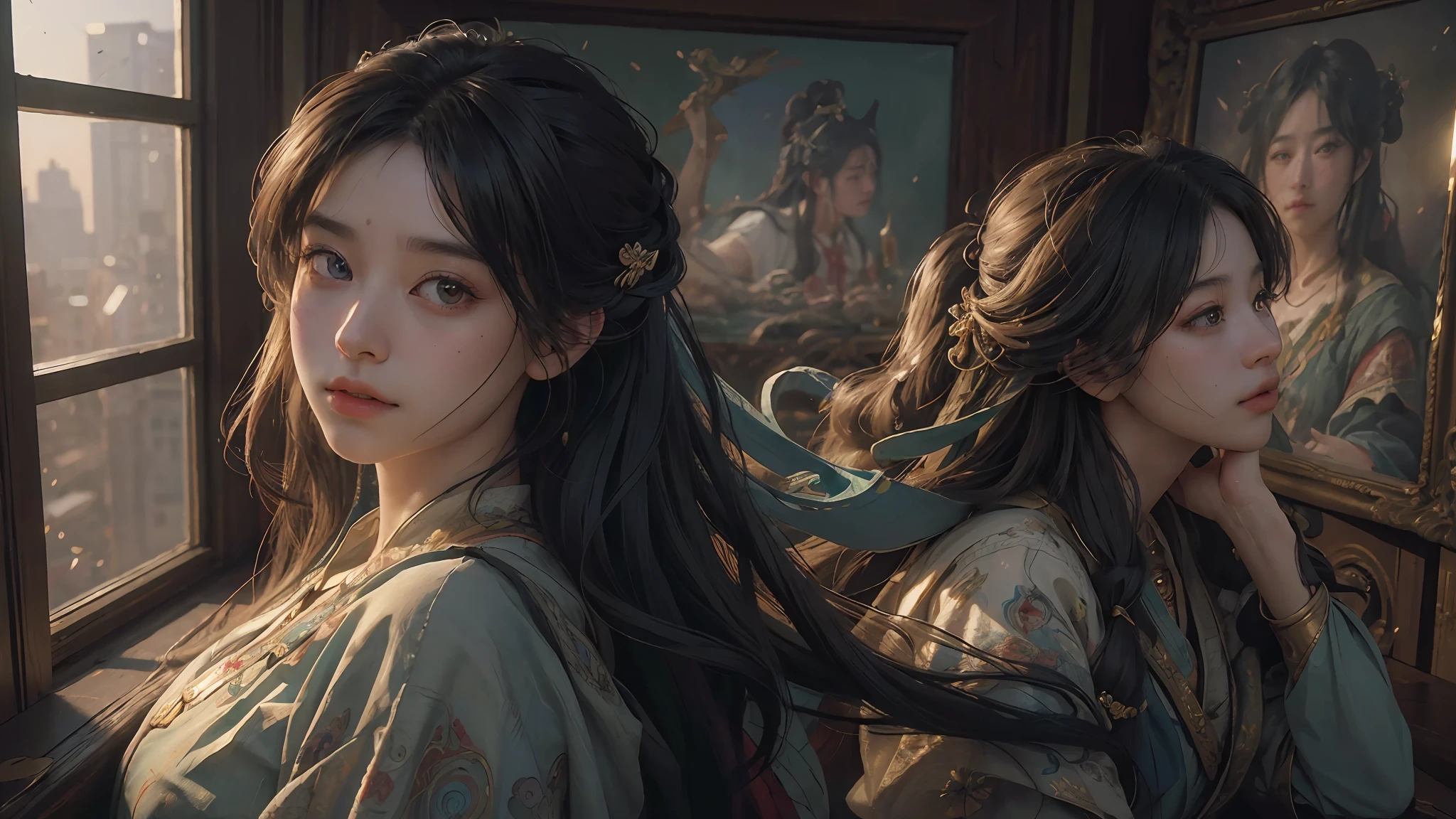 (RAW photo, best quality), (realistic, photo-realistic:1.3),best quality,highly detailed,masterpiece,ultra-detailed,illustration,1girl,upper_body,dynamic angle,world masterpiece theater,messy_long_hair,best quality,extremely detailed CG unity 8k wallpaper,ink,Amazing,cinematic lighting,lens_flare, dunhuang_style