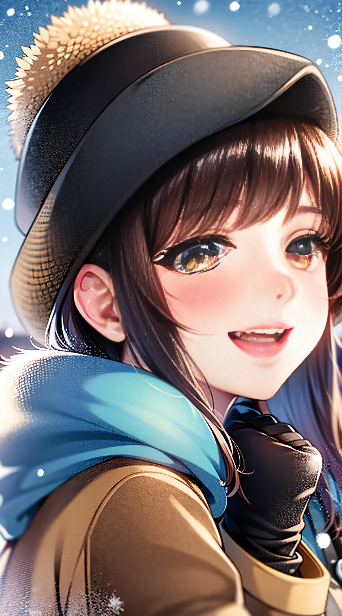Tomboy, brunette hair, jacket, smile, waving, hat, snow, beautiful, cute, blush, dappled sun, icy breath