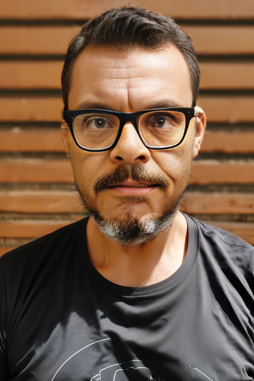 full frame, close portrait, rustic, male model, brunette man, ((glasses)), ((black t-shirt)), tanned and wrinkled skin, military style hair, lumberjack beard, dark brown eyes, (skin texture), skin pores, depth of field, sharp eye focus, backlit