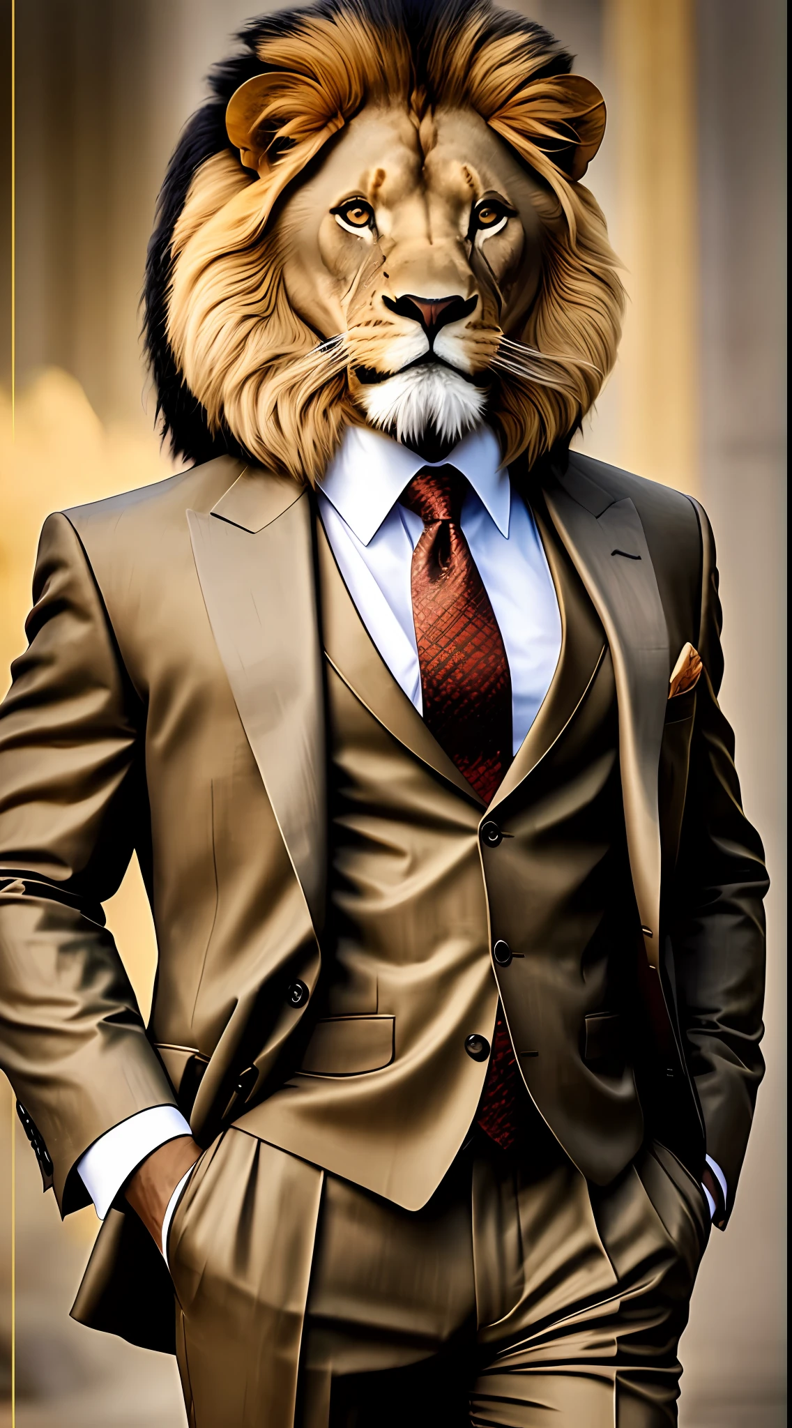Imagine a majestic lion, dressed in an elegant tailored suit. His fur is golden, with an exuberant mane that contrasts with the sophistication of the suit. He walks confidently, displaying a determined look in his eyes. All around, everyone is amazed by the imposing presence of this lion in a suit, which radiates power and leadership. What is the story behind this lion? Where is he going in his flawless suit? How does he utilize his commanding presence to inspire those around him? Let your imagination flow and create an intriguing story with this amazing lion in a suit." --auto --s2