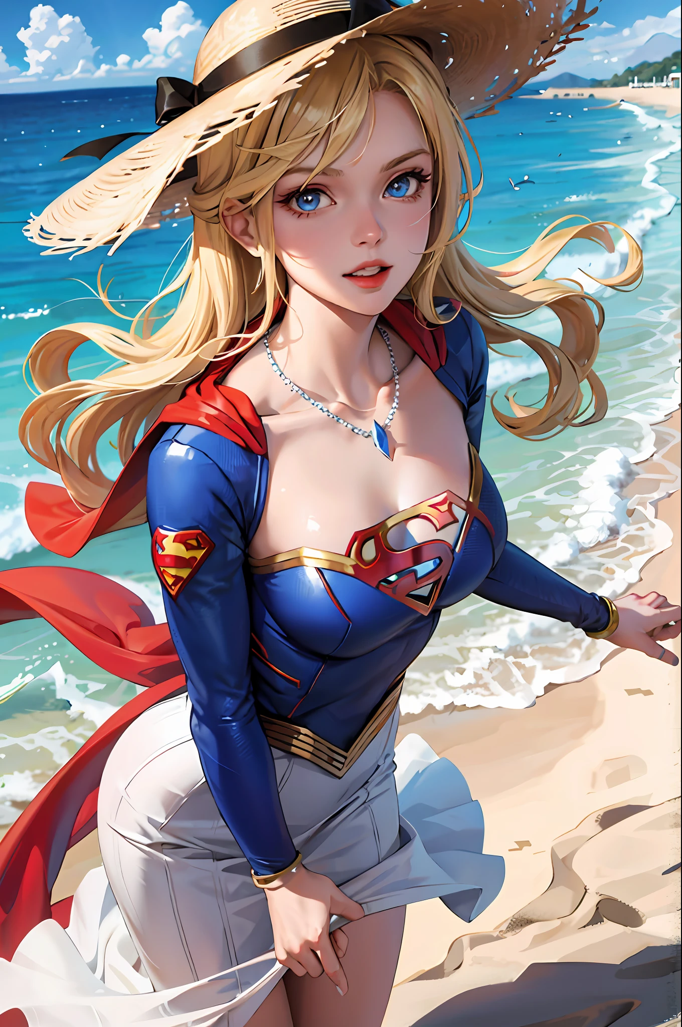 (Supergirl masterpiece: 1.2, best quality), (1lady, solo, upper body: 1.2), Apparel: white flowing maxi dress, wide-brimmed hat, strappy sandals, Accessories: shell necklace, Blonde hair: loose beach waves, Make up: natural, shiny skin, Behavior: relaxed, carefree, freespirit, Location: beach, resort, outdoor festival, red eyes, huge, blue eyes,  Superman S symbol on chest