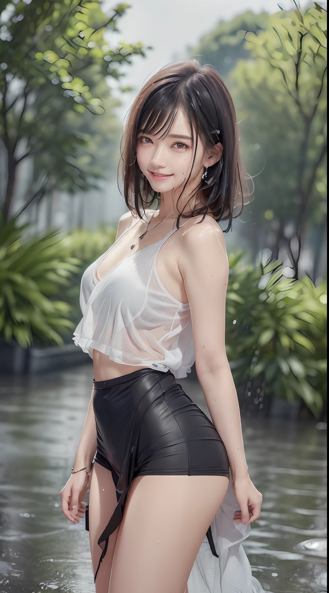 ((Best Quality, 8k, Masterpiece:1.3)), Focus:1.2, Perfect Body Beauty:1.4, Buttocks:1.2, ((Layered Haircut,:1.2)), (Wet Clothes:1.1), (Rain, Street:1.3), Black and White Clothes, Highly Detailed Face and Skin Texture, Fine Eyes, Double Eyelids, Whitening Skin, Long Hair, Smile, Necklace, Bracelet, Earrings,