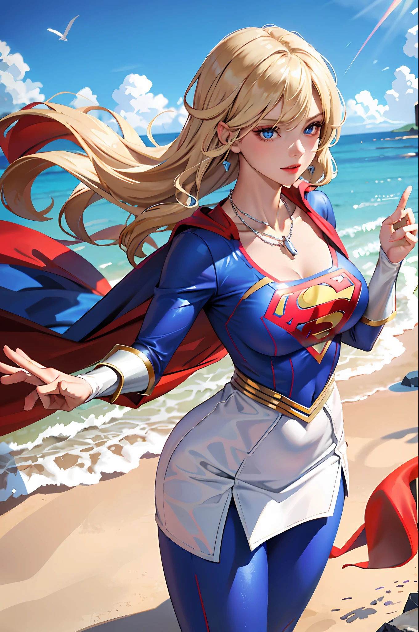(Supergirl masterpiece: 1.2, best quality), (1lady, solo, upper body: 1.2), Apparel: white flowing maxi dress, wide-brimmed hat, strappy sandals, Accessories: shell necklace, Blonde hair: loose beach waves, Make up: natural, shiny skin, Behavior: relaxed, carefree, freespirit, Location: beach, resort, outdoor festival, red eyes, huge, blue eyes,  Superman S symbol on chest