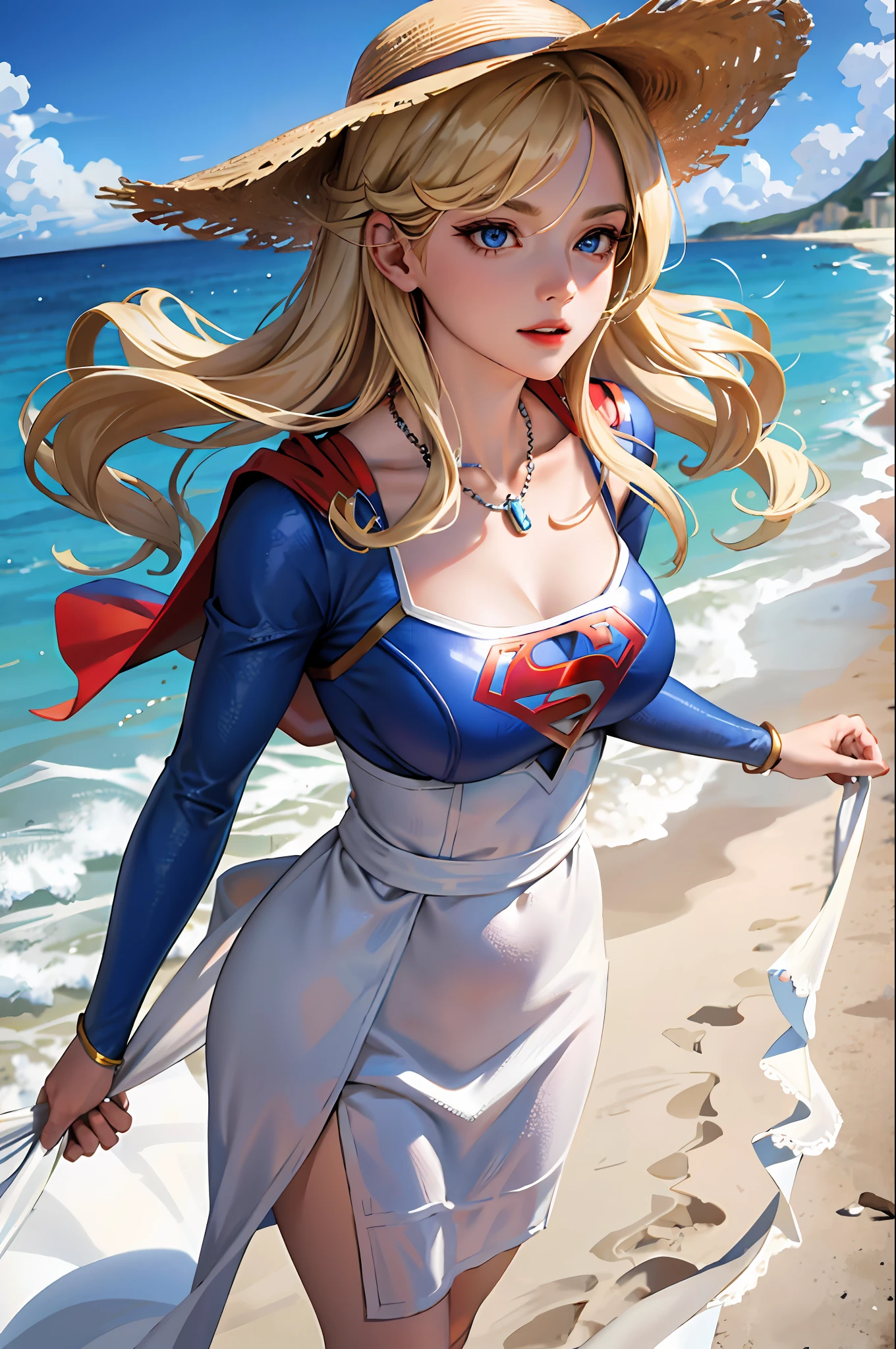 (Supergirl masterpiece: 1.2, best quality), (1lady, solo, upper body: 1.2), Apparel: white flowing maxi dress, wide-brimmed hat, strappy sandals, Accessories: shell necklace, Blonde hair: loose beach waves, Make up: natural, shiny skin, Behavior: relaxed, carefree, freespirit, Location: beach, resort, outdoor festival, red eyes, huge, blue eyes, Superman S symbol on chest