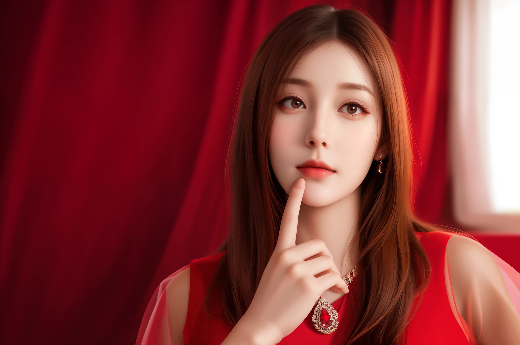 There's a woman in a red dress holding her finger to her lips, hand to chin, woman's face looking out of camera, looking up, featured, hovering indecision, pondering, thoughtful expression, hand on cheek, thoughtful, thin pointed chin, pointed chin, iStock, focus on pursed lips, thinking pose, profile picture, slick, thoughtful chin), looking confused