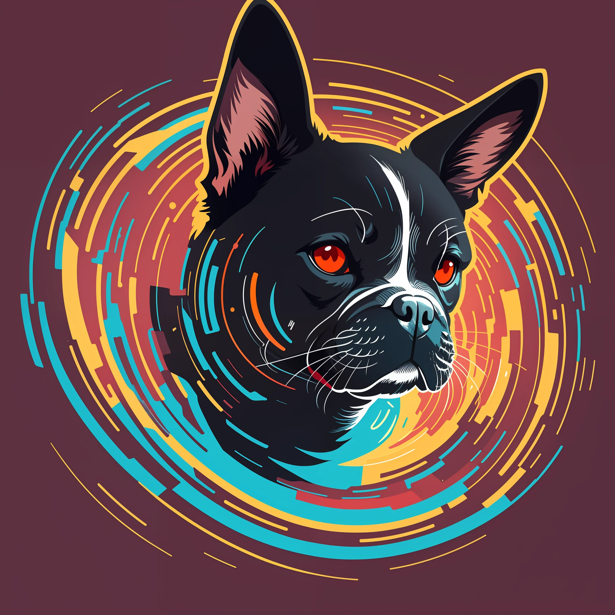 [Black French Bulldog] circular heraldic silhouette, logo masking style illustration, Dan Mumford, Greg Lutkowski, James Jean, bright color background, fantasy art, mysterious, realistic, majestic, rich vivid colors, high contrast, seamless water brand, art station, Deviant art, dribbling, Red Bubble, Tee Public, Sharp Focus, Simple, Hyper Detail, Detailed Drawing, Vectorization, Outline, Isometric Style, 8K.