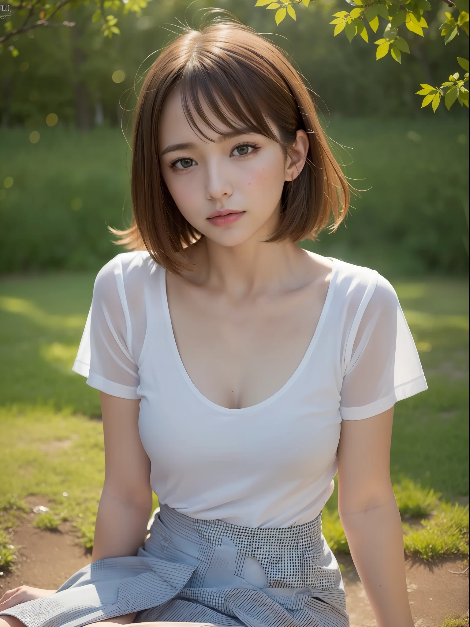 ((Best quality, 8k, Masterpiece: 1.3, raw photo)), Sharp focus: 1.2, (1 AESPA girl: 1.1), (realistic, photo-realistic:1.37), face focus, cute face, kindness, small breasts, flat chest, brunette short messy hair, sitting, arms up, business suit skirt, white shirt, garden, park, sunlight, cinematic lighting