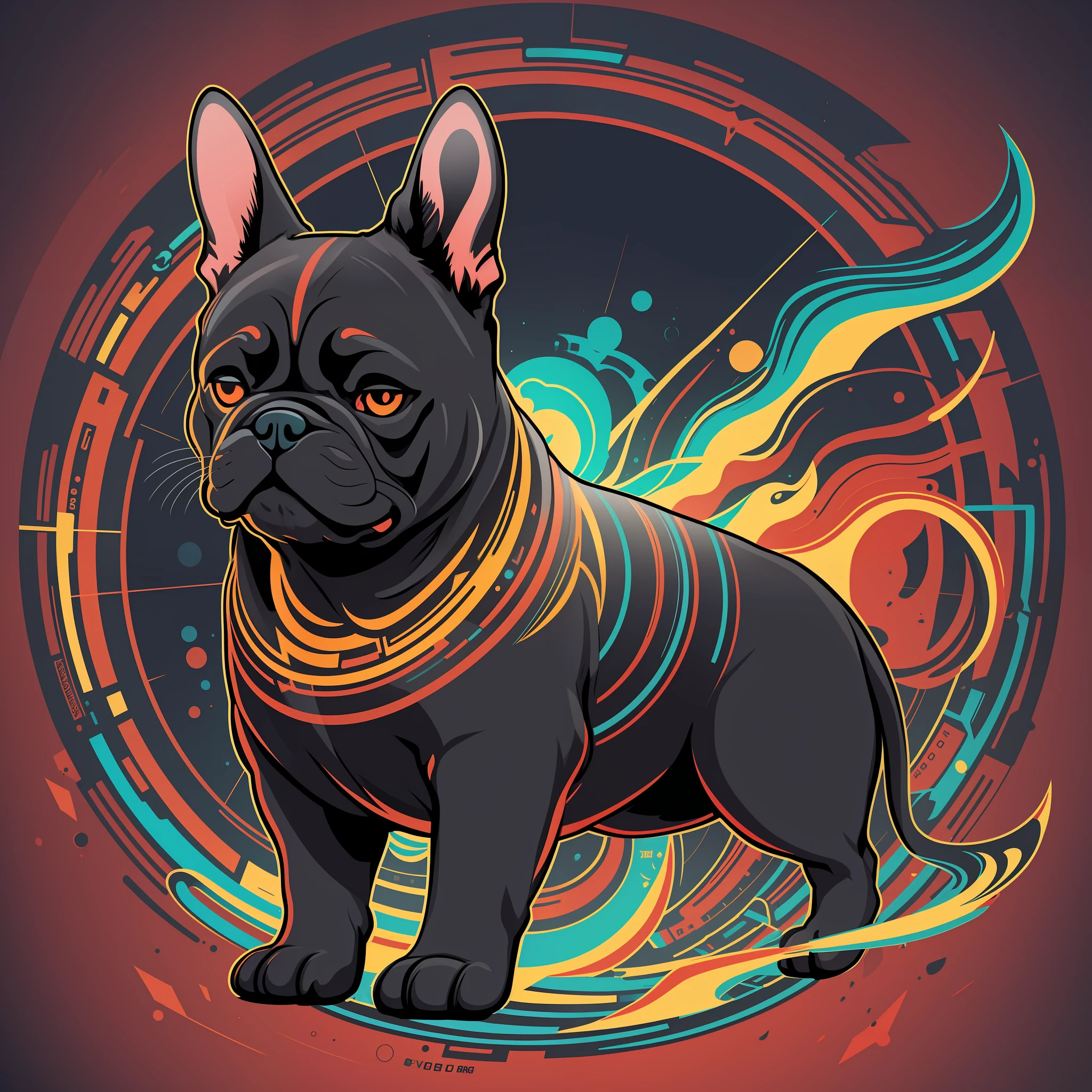 [Black French Bulldog] circular heraldic silhouette, logo masking style illustration, Dan Mumford, Greg Lutkowski, James Jean, bright color background, fantasy art, mysterious, realistic, majestic, rich vivid colors, high contrast, seamless water brand, art station, Deviant art, dribbling, Red Bubble, Tee Public, Sharp Focus, Simple, Hyper Detail, Detailed Drawing, Vectorization, Outline, Isometric Style, 8K.
