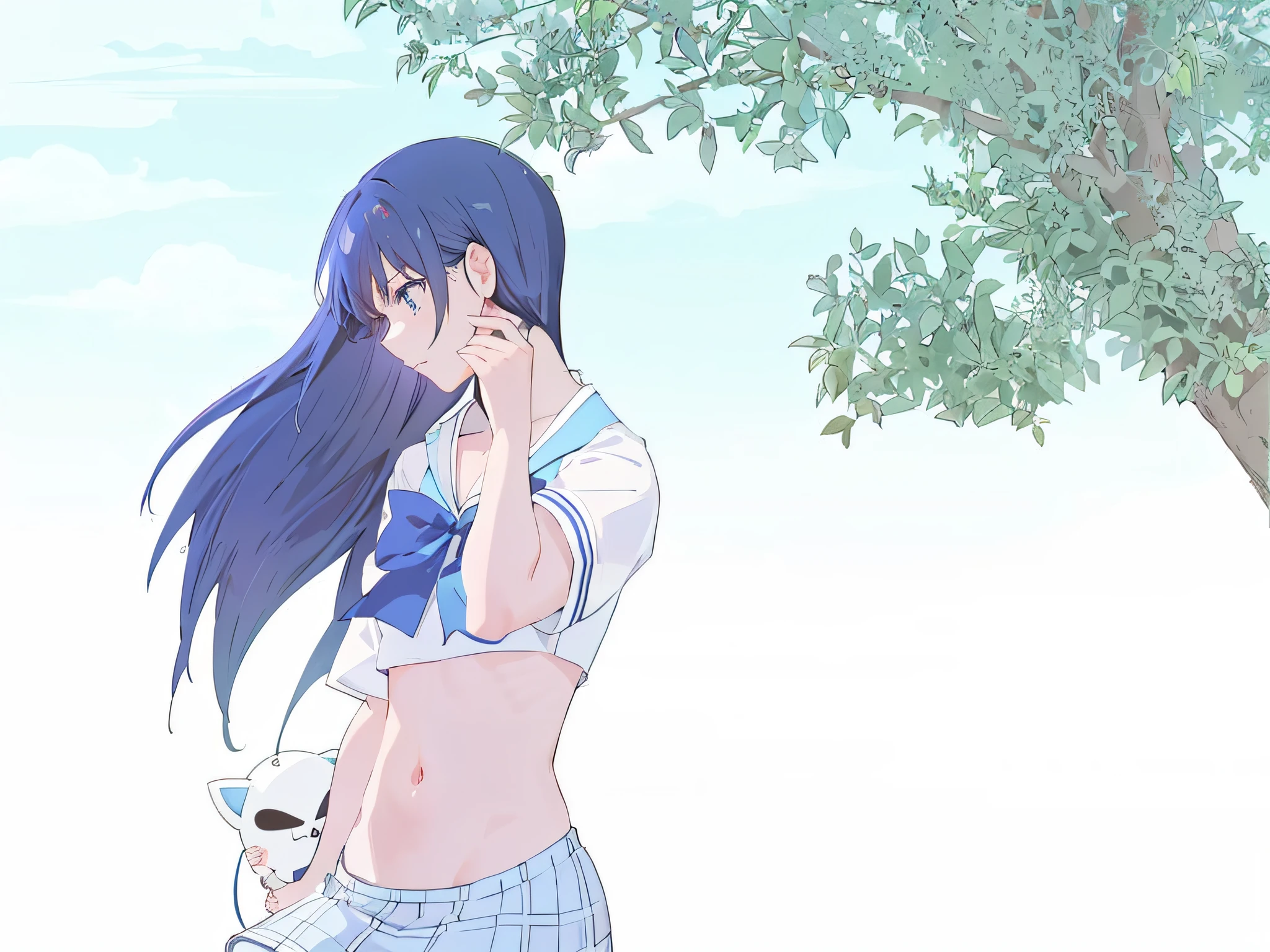 anime girl in a blue and white uniform holding a cell phone, anime visual of a cute girl, soft anime illustration, rei hiroe, ikki tousen, an anime girl, 2 d anime style, young anime girl, inspired by Rei Kamoi, the anime girl is crouching, gapmoe yandere, (anime girl), in a sunny day