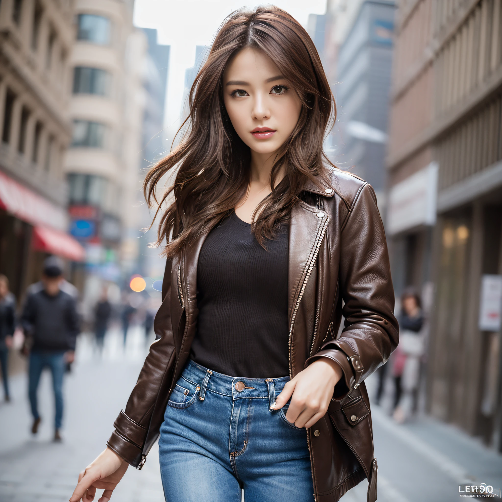((Top Quality, 8k, Masterpiece: 1.3)), Sharp Focus: 1.2, Beautiful Women in Perfect Style: 1.4, Slender Abs: 1.2, ((Dark Brown Hair)), (Natural Light, City Street: 1.1), Highly Detailed Face and Skin Texture, Detailed Eyes, Double Eyelids, Leather Jean, Leather Coat, Jeans, Extreme Detail Photography, Extreme Detail Eyes, Super Detail Face, Super Detail Hair, body with super detail,