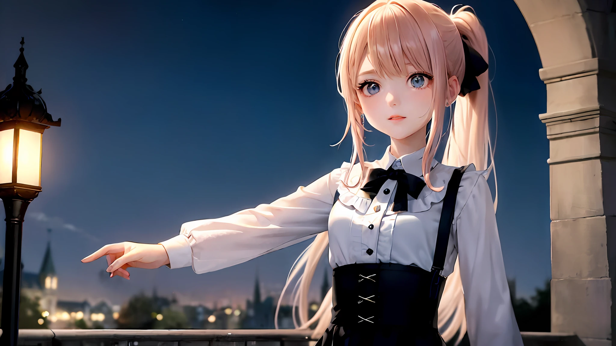 1girl, (masterpiece:1.1), (best quality:1.1), (white blouse:1.1), BREAK [blue:pink:0.5] theme, (1 girl), (masterpiece: 1.1), (best quality: 1.1), , silky skin, delicate hair, bright eyes, perfect hands, double ponytail, blonde hair color, blue pupils, gothic black clothing, beckoning, upper body perspective, standing posture, outdoor at night, castle moonlight, depicted details are meticulous.