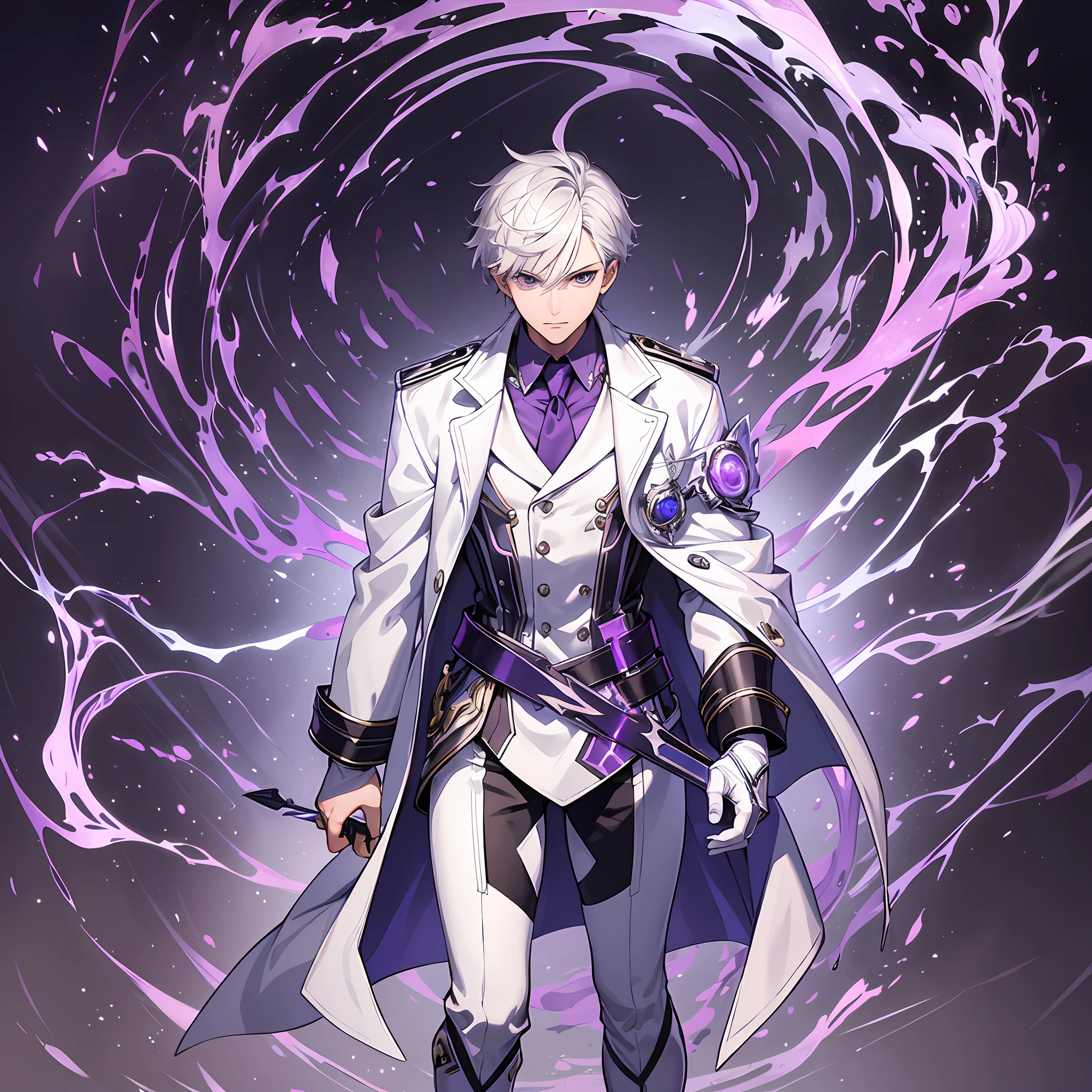 Masterpiece, 30 years age, male, short Silver hair, wearing white coat, Slanted eyes, standing Holding a purple Lightning rod, serious expression, with a sharp gaze, beautiful face, Full body, zoom out