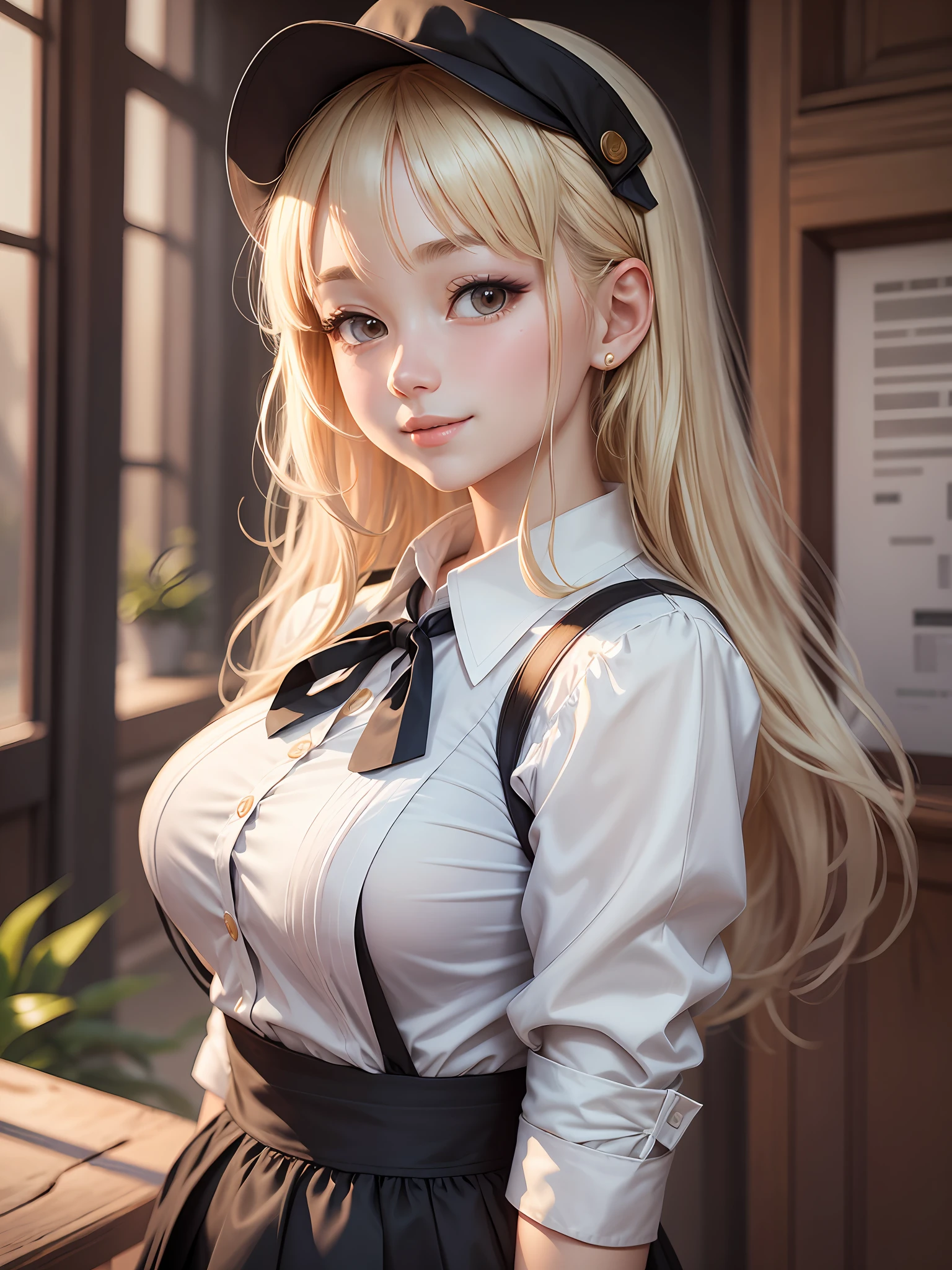 Masterpiece, top quality, official art, highly detailed CG Unity 8K wallpaper, like a schoolgirl, very delicate and beautiful, ultra high resolution, (photorealistic: 1.4), golden hour lighting, (upper body), (platinum shorthair: 0.8), (puffy eyes), looking at the viewer, facing the front, smiling, JK skirt, white dress, Shirt Lift Long Black Hair --auto --s2