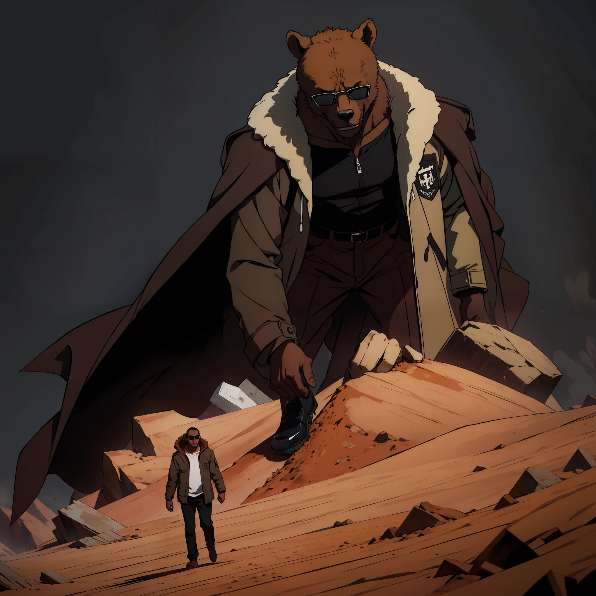 Soil, dark gray background, Brown bear:1.0, wearing coat, hood, wearing sunglasses:1.0