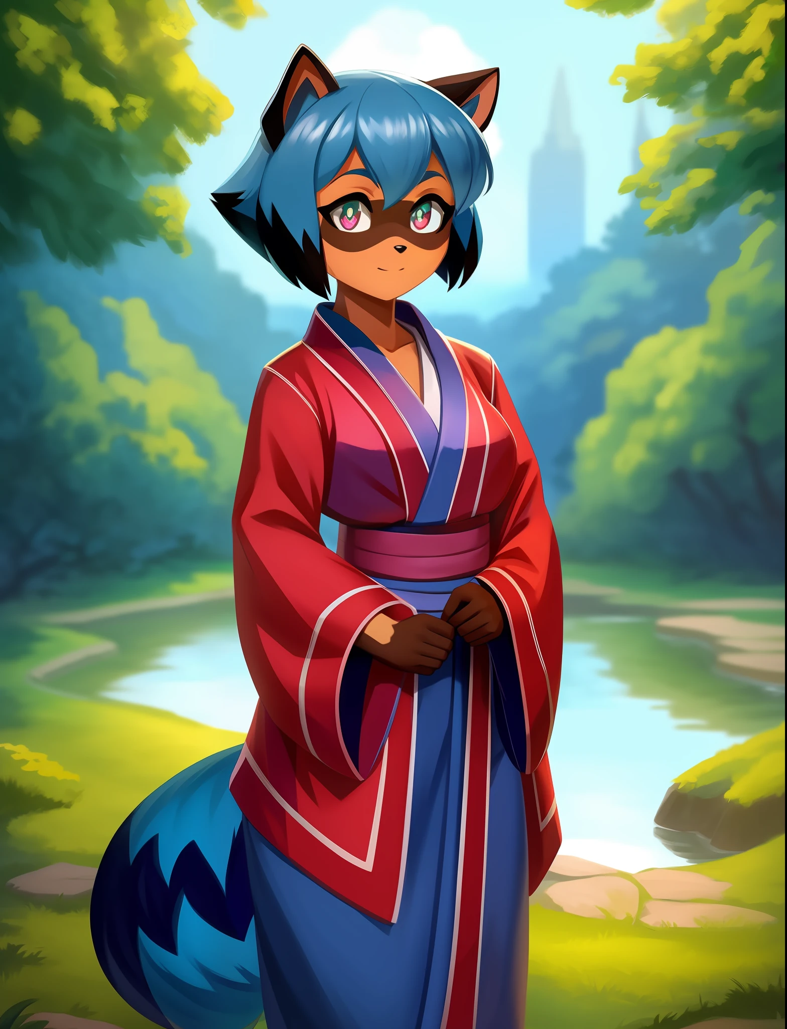 Michiru, raccoon ears, 1girl, (multicolored eyes), two-tone hair, (animal nose:0.8), short hair, masterpiece, standing outside, (tail:1.1), (blue hair:1.1), (high quality), high-res, (digital painting), (8k), kimono