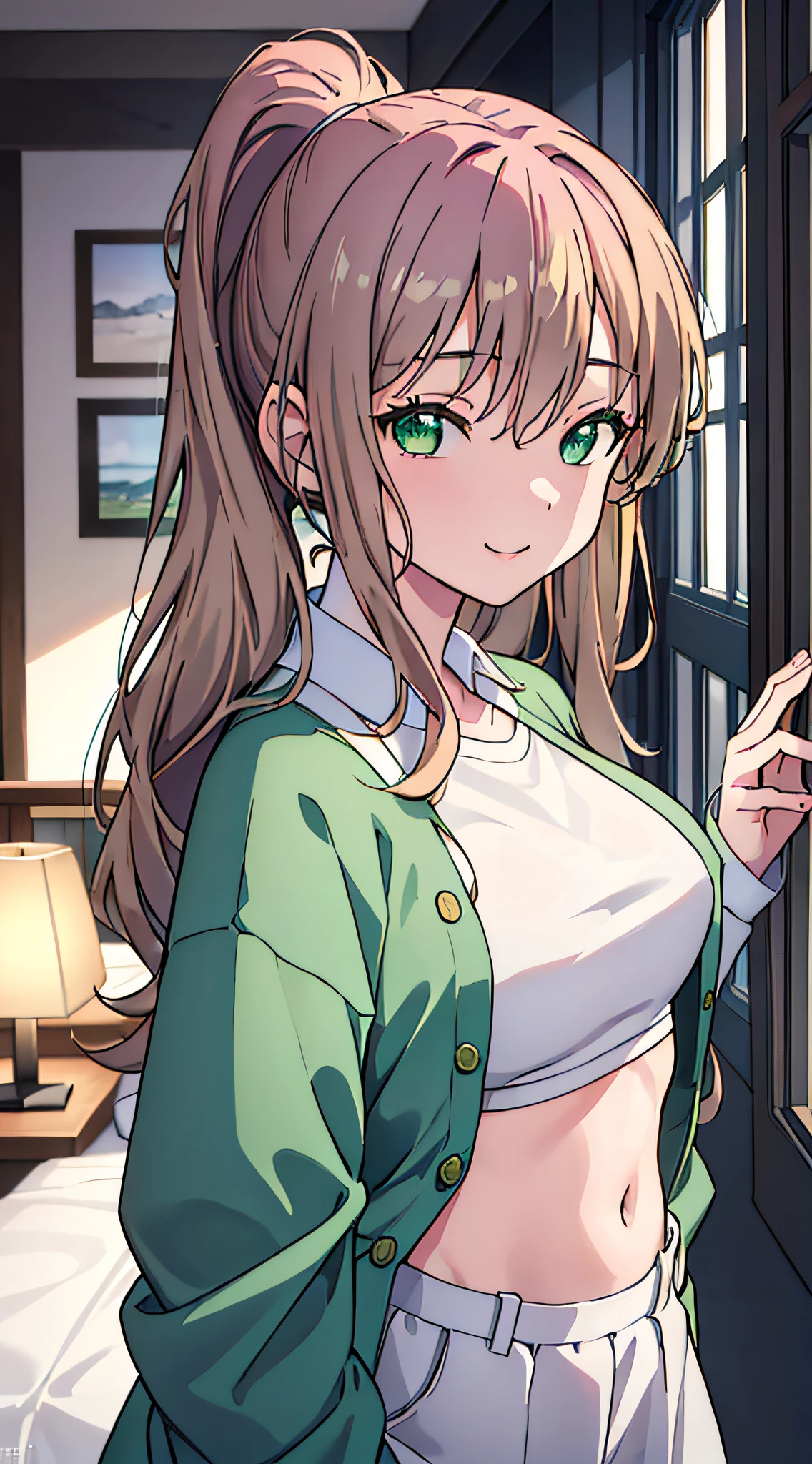 (SFW:1.3), masterpiece, best quality, highres 64k, professional artwork, famous artwork, clean, cinematic lighting, beautiful eyes + detail, beautiful hair + detail, (sexy young female body:1.4), ( small medium breasts, lactation), happy:1.3, smile:1.3, erotic looking at the viewer, floating hair, (((minami yume:1.2, green eyes, ponytail, oversized clothes, ))), indoors, open door, bedroom, (Welcome home),