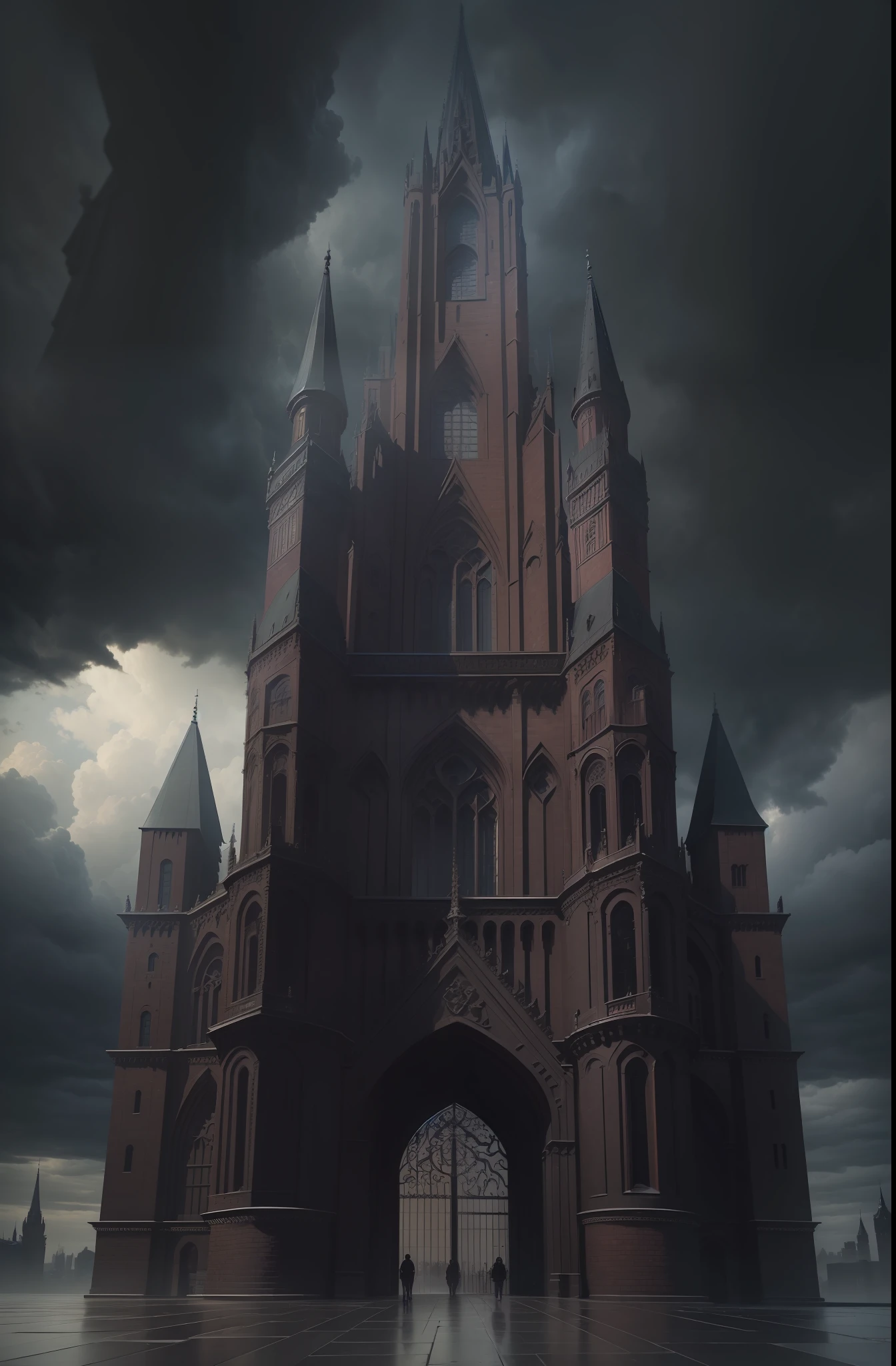 "(Extremely detailed architecture, masterpiece, best quality, impeccable attention to detail),(realistic brick texture, medieval skyscraper), (imposing presence of huge gate),(gloomy sky, dramatic sky, dark clouds, dark and gloomy atmosphere)."