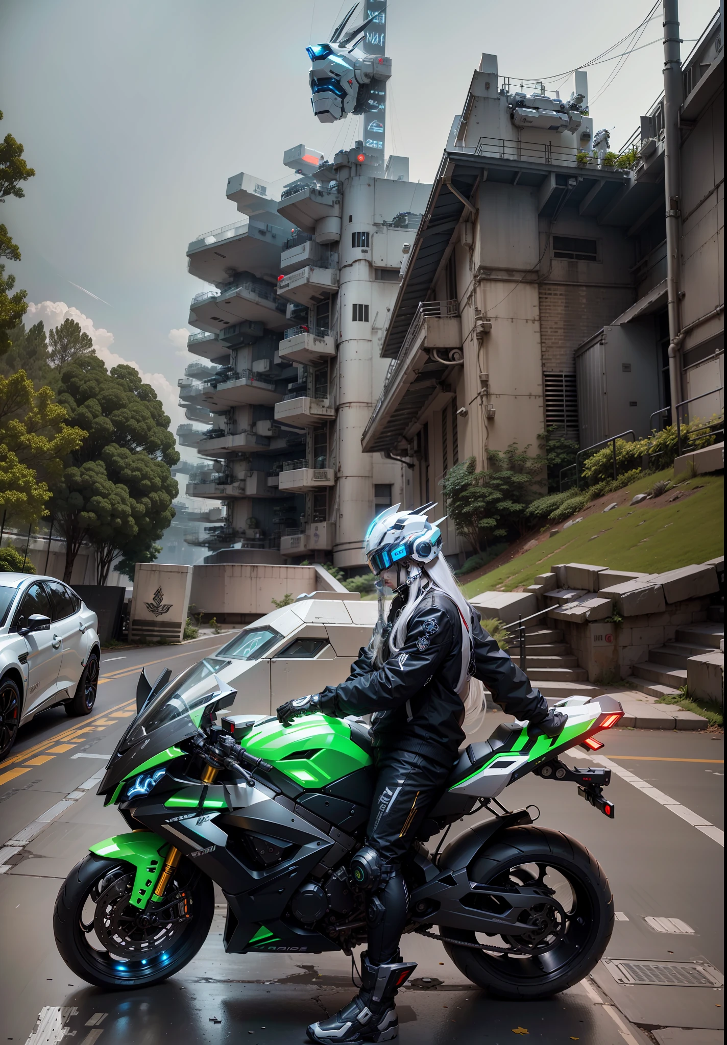 White long hair Cyber Sailor and Cyber Mechanical Motorcycle wearing full body white mech, high tech white full surround helmet, white long hair, Nousr, biomechanics, MSHN robot man, high tech helmet, surreal, steel, intricate design, crazy details, fine details, extremely clear lines, cinematic lighting, photo realism, detailed masterpiece