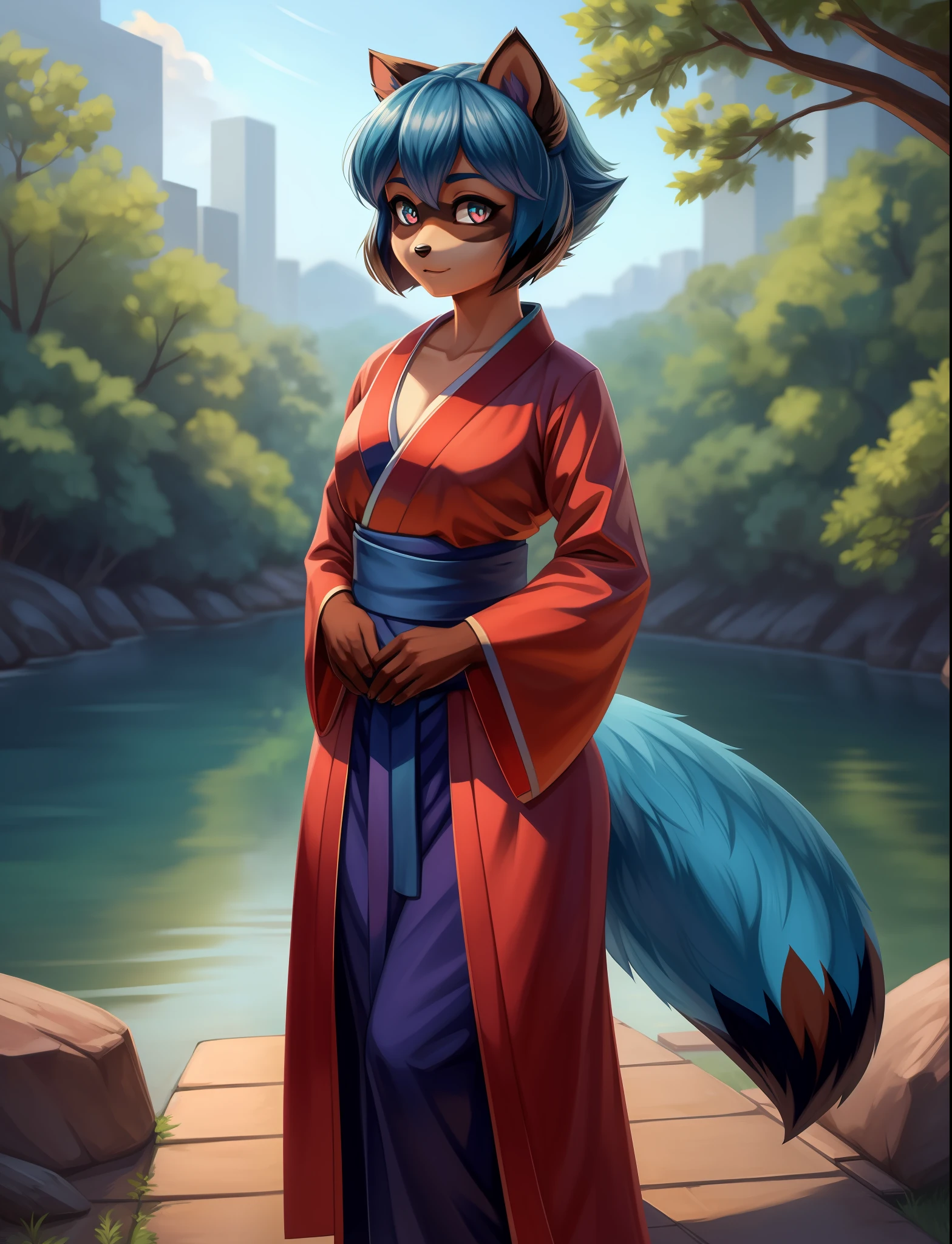 Michiru, raccoon ears, 1girl, (multicolored eyes), two-tone hair, (animal nose:0.8), short hair, masterpiece, standing outside, (tail:1.1), (blue hair:1.1), (high quality), high-res, (digital painting), (8k), kimono