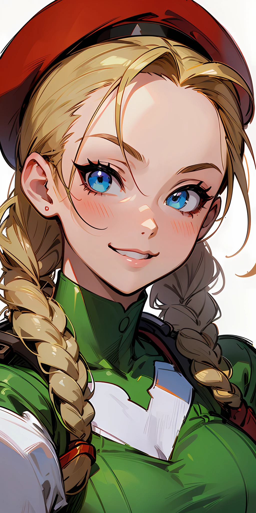 A portrait of Cammy from Street fighters, Capcom, smiling, braids, beret, cartoon style --auto --s2