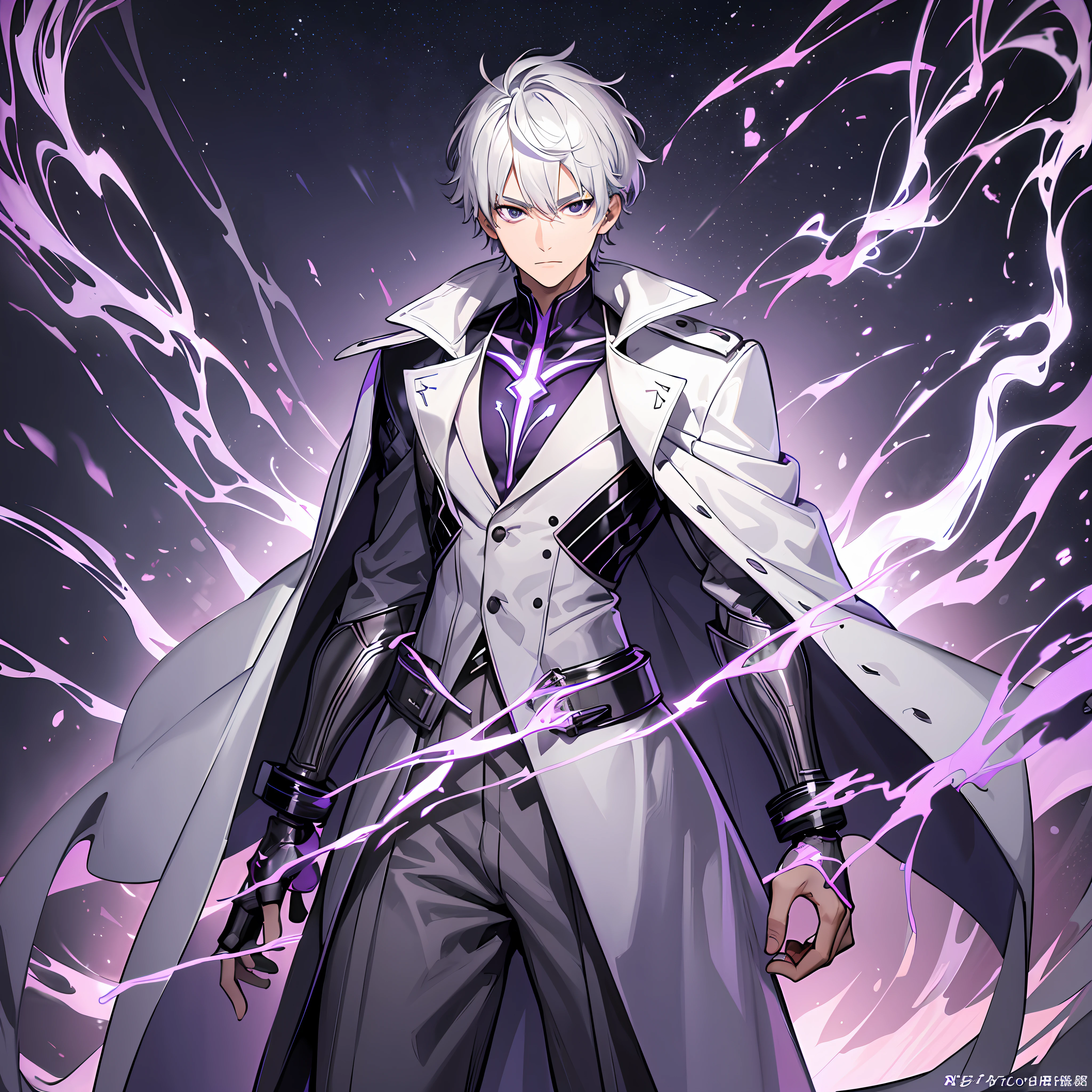 Masterpiece, 30 years age, male, short Silver hair, wearing white coat, Slanted eyes, standing Holding a purple Lightning rod, serious expression, with a sharp gaze, beautiful face, Full body, zoom out
