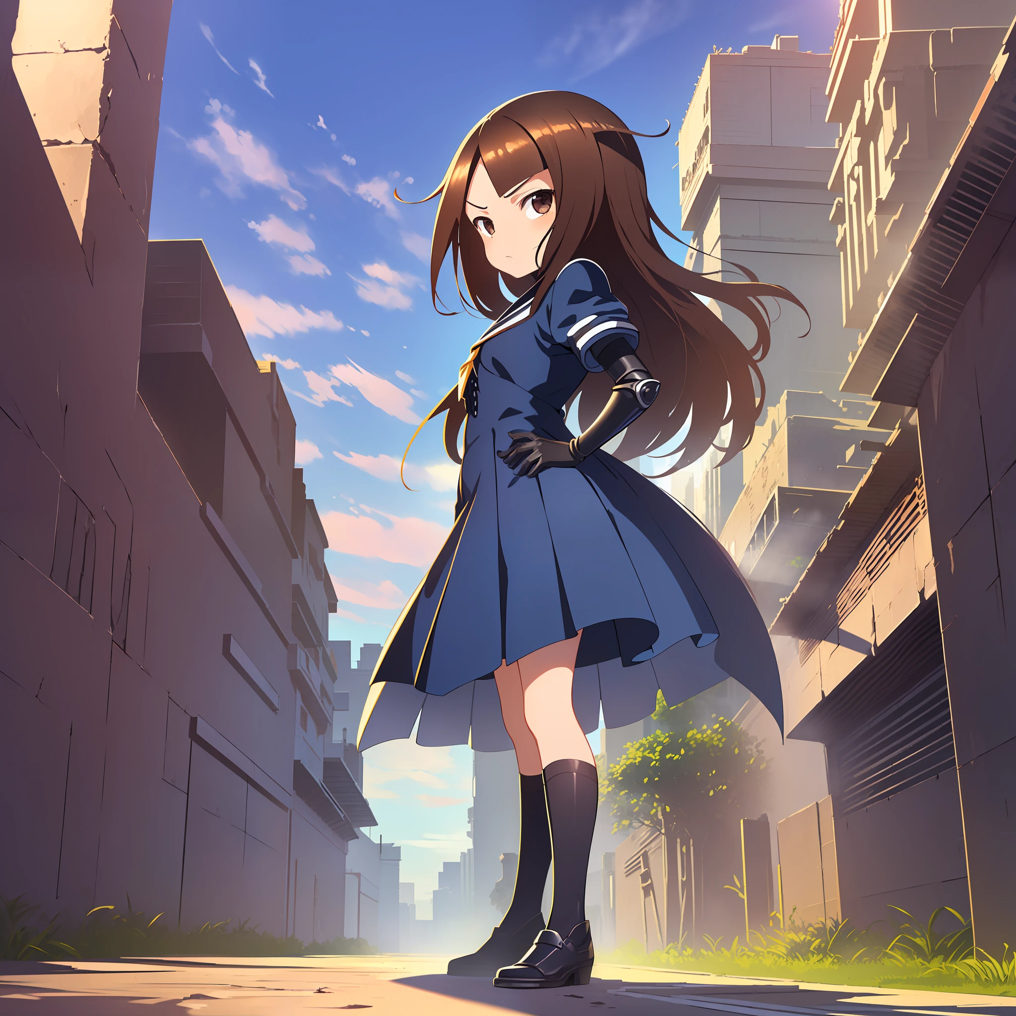 (Masterpiece, Superb Quality, Super Delicate, High Resolution), Female Focus, ***********, (Knight Suit), Angry Emoticon, (Hands on Hips), ((((Solo))), City Ruins, Background Details, Full Body, Armor, Gloves, Headband, Armor Dress, Ahog, Blue Dress, Full Body,