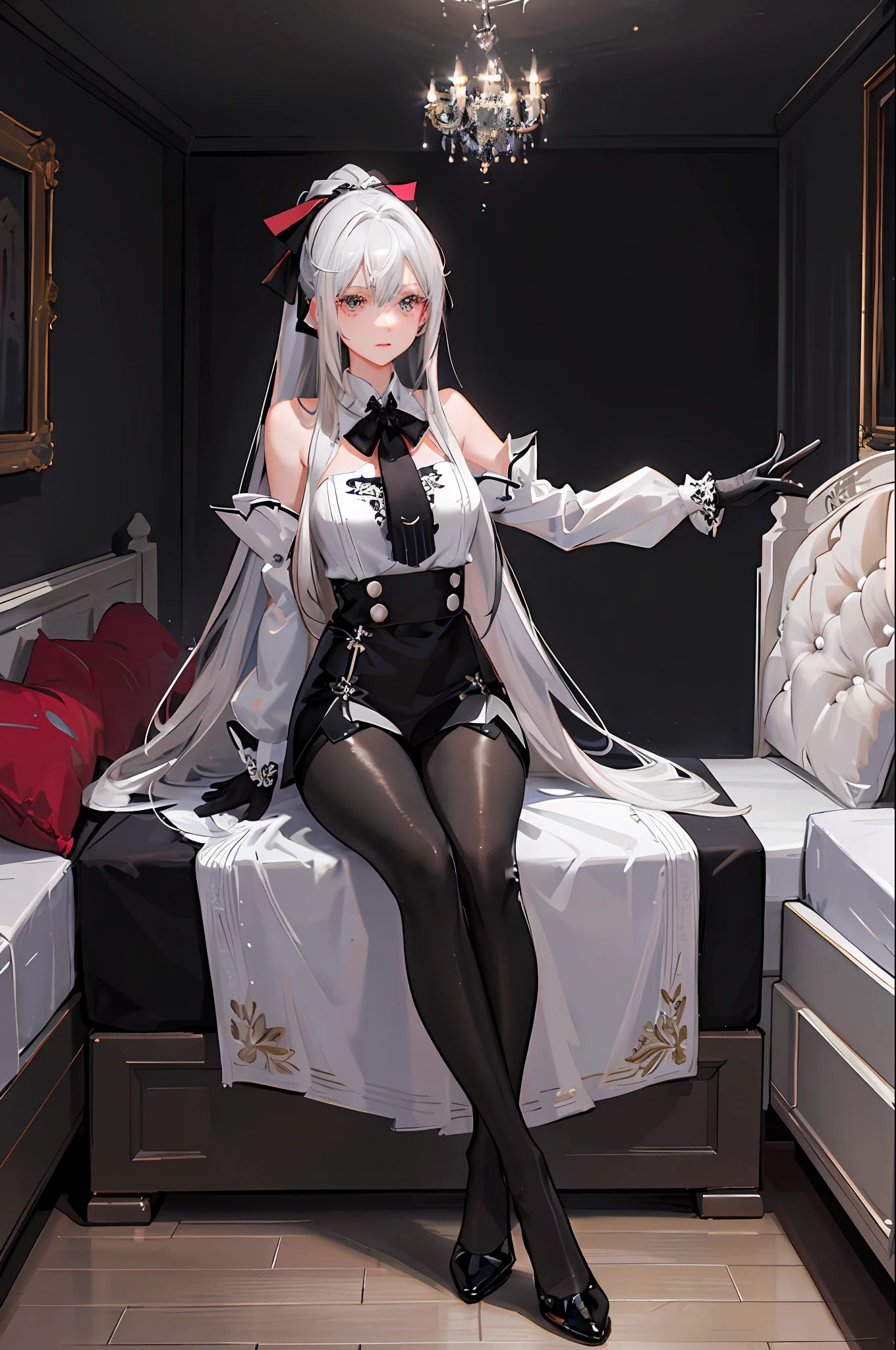 (((1 girl)),ray tracing,(dim lighting),[detailed background (bedroom)),((silver hair)),((silver hair)),(Fluffy silver hair, plump slender girl)) with high ponytail)))) Avoid blonde eyes in the ominous bedroom ((((Girl wears intricately embroidered black high-waisted pants with pantyhose) and white ruffled bow gloves), showing a delicate slim figure and graceful curves, correct limbs, sitting on the bed, oversized chest stretched out the clothes