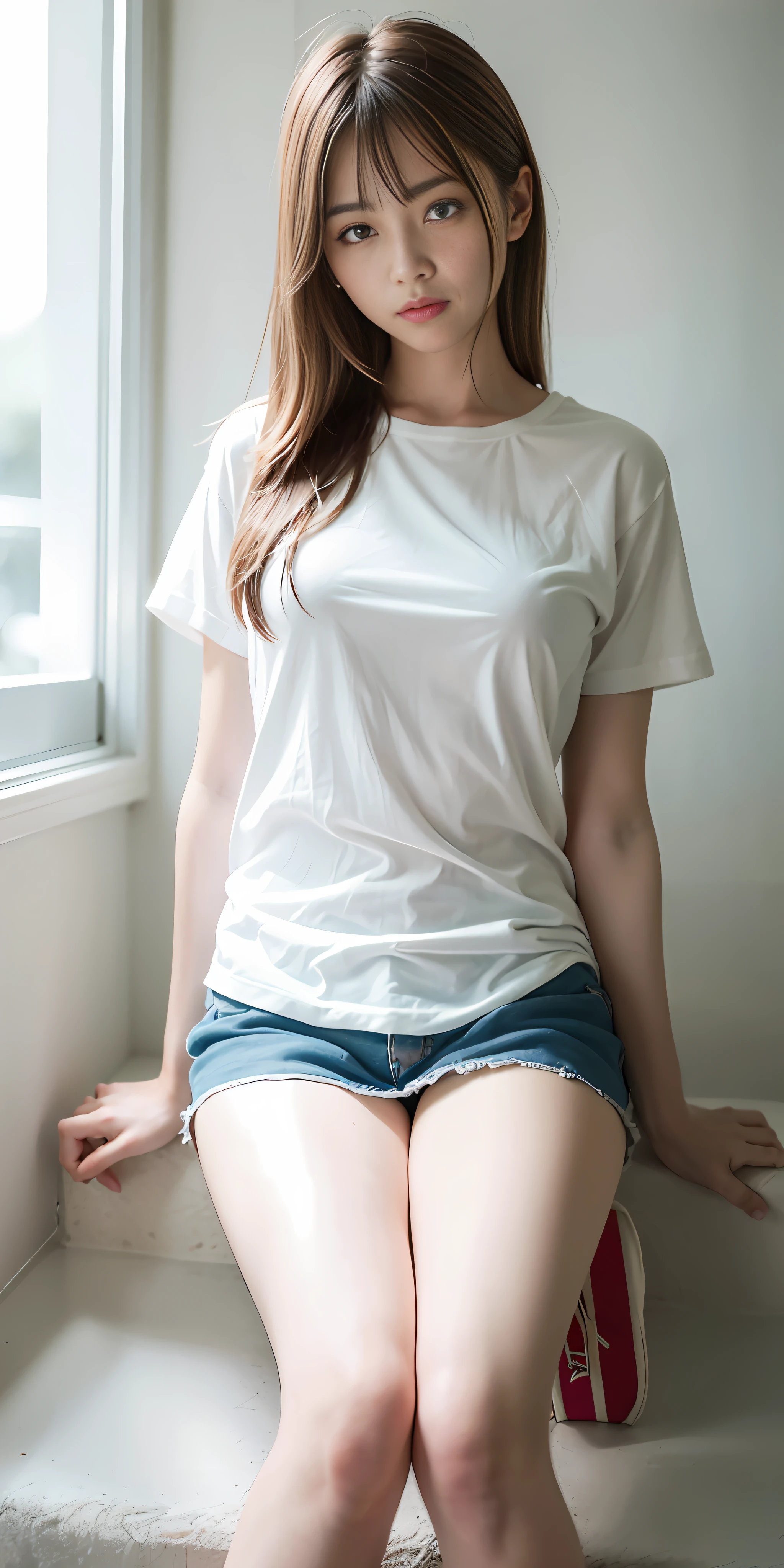 Arafed asian woman sitting on a window sill in a white shirt - SeaArt AI