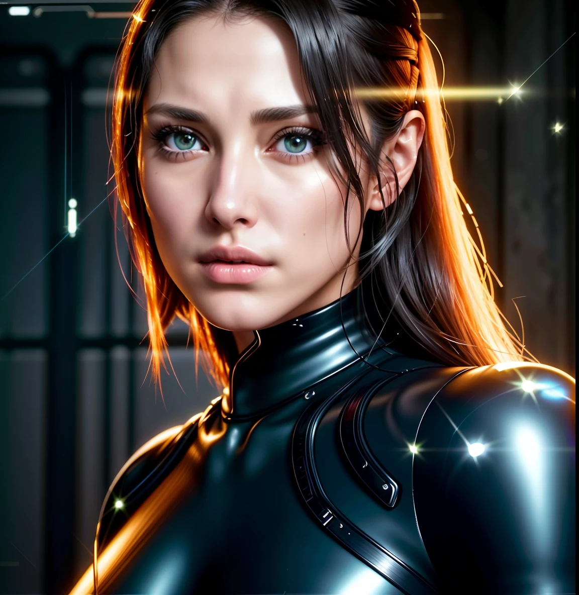 a close up of a woman in a black leather outfit, beautiful female android!, inspired by Eve Ryder, sil from species, hybrid of gal gadot, invisible woman, attractive sci - fi face, natalie portman in star trek, sci fi female character, sci-fi female, gal gadot as hell lord, scifi woman, by Eve Ryder, perfect android girl