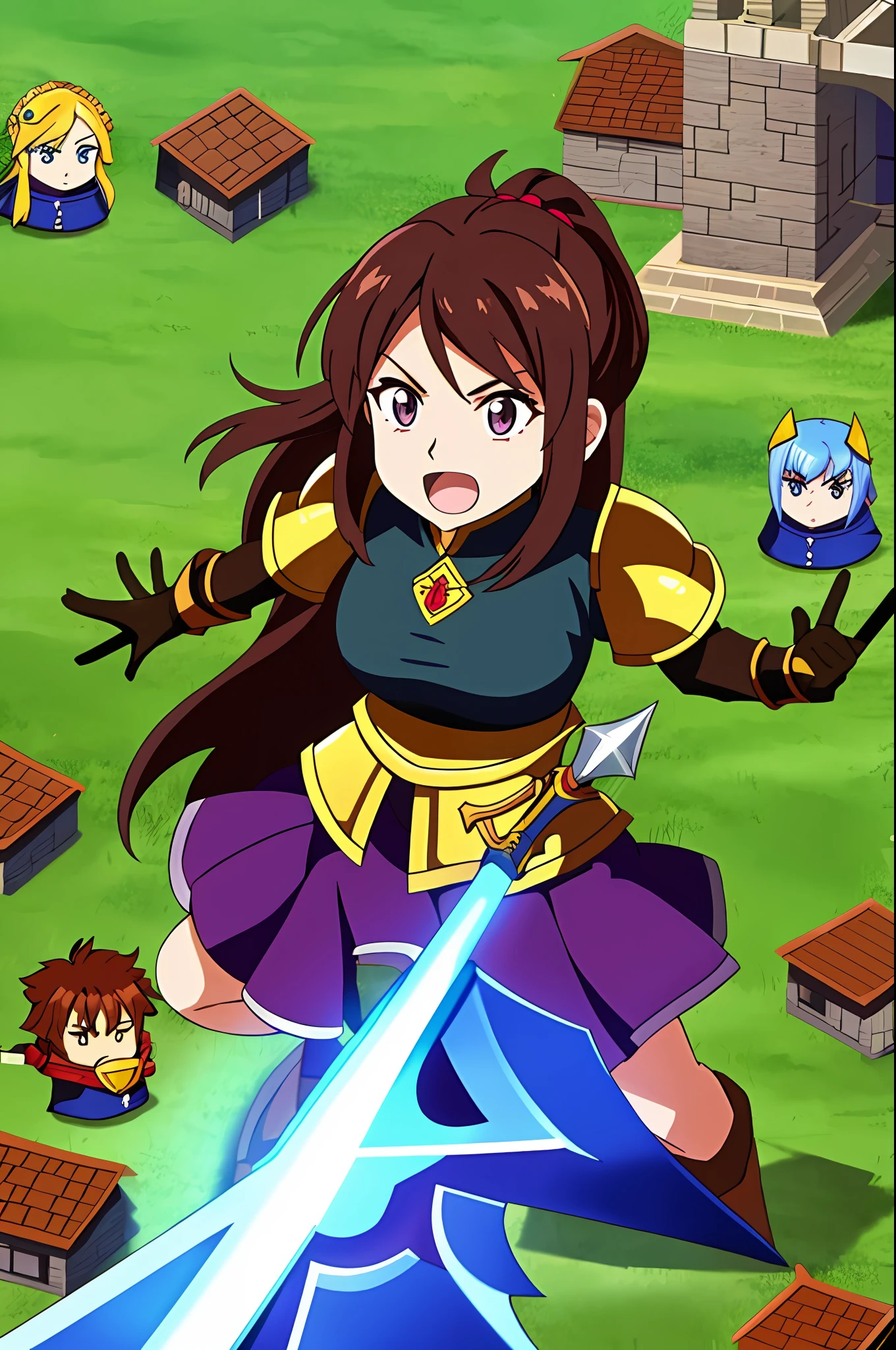 Generate a female mascot for a logo of an online game, themed similar to Clash of Clans. The mascot is a determined and courageous warrior. It has the iconic look of the game, with a detailed armor and elements that refer to the medieval and fantasy atmosphere. Her hair is straight, brunette in color, falling over her shoulders elegantly. Her eyes express confidence and bravery, conveying the essence of a powerful leader. She holds a weapon emblematic of the Clash of Clans, such as a magic sword or a war axe. The posture of the mascot is imposing, exuding security and bravery. Around it, there are characteristic elements of the game, such as village buildings, defensive towers or troops. The female mascot is a visual representation of the strength, intelligence, and strategic skill of the female warriors they command in the world of Clash of Clans