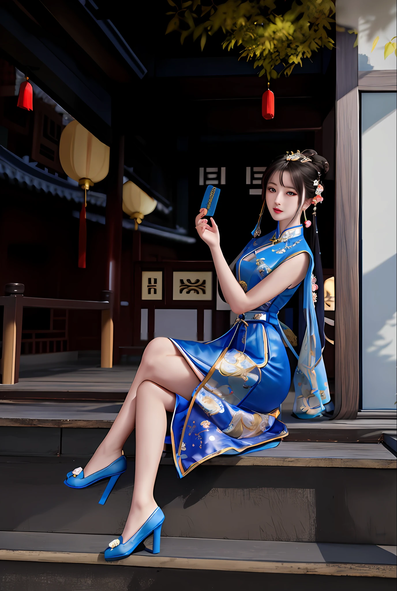 there is a woman sitting on a porch holding a fan, wearing a blue qipao dress, cheongsam, in a blue qipao, with acient chinese clothes, chinese woman, chinese girl, traditional chinese clothing, chinese dress, traditional chinese, chinese style, palace ， a girl in hanfu, beautiful asian woman sitting, elegant japanese woman, elegant pose