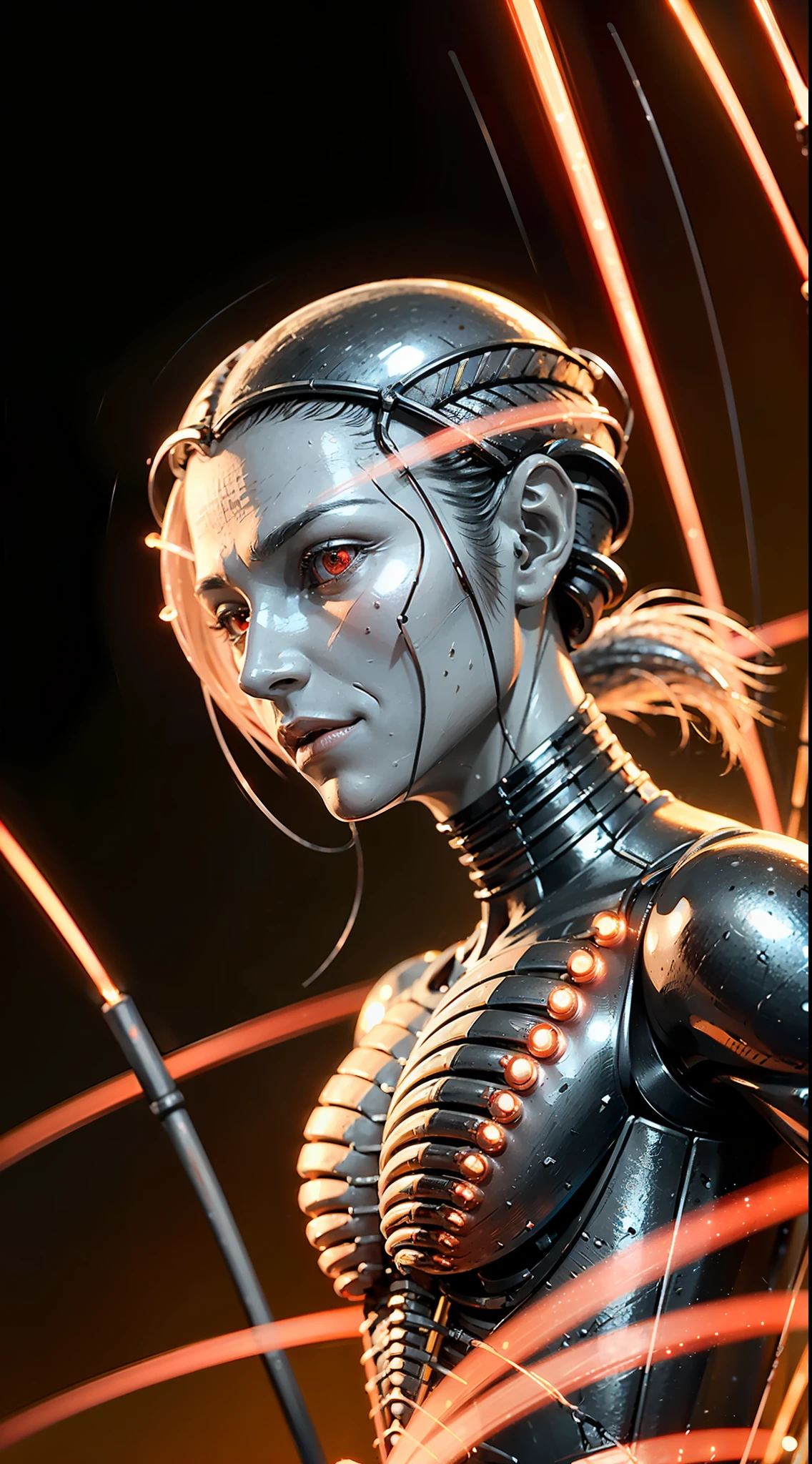 Ray tracing, (masterpiece,best quality:1.3), (ultra-detailed:1.3), (photo-realistic:1), (an extremely delicate and beautiful), cinematic light,(1mechanical girl), (hair made of copper wires), solo, full body, (machine made joints), (((mechanical lower jaw only))), mechanical limbs, blood vessels connected to tubes, mechanical vertebra attaching to back,(mechanical cervical attaching to neck), (((red glowing eyes))), bio-mechanical, hr giger style, zdzislaw beksinski skyle, metallic skeletal bones, exoskeleton, sitting,expressionless, (assembling body parts),(wires and cables attaching to neck and body), (wires and cables attaching to spine and, (intricate details:1) character focus, science fiction, RAW photo, cinematic masterpiece, (majestic epic composition), (movie scene), full shot, epic dynamic frame, dynamic pose, motion blur, sci-fi, cyber, (((cinematic look))), rim light, film grain, natural skin texture, 24mm, 4k textures, (highly detailed worn metal texture:1.3),