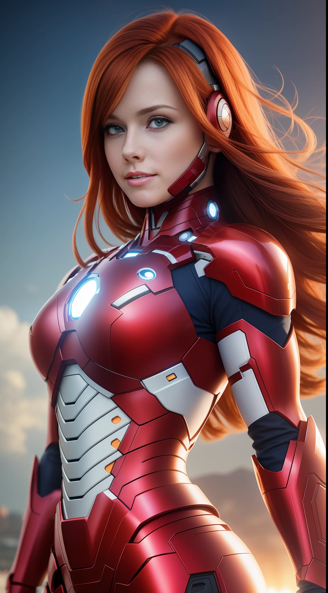 Masterpiece, 4K, HQ, Realistic,  charachter, hyper-intrincate, a incredible redhead girl in the skycraper, ironman suit, she is the ironman, superhero movie, clean skin, white skin, longer hair,  intense blue eyes, relax, 25 years old, full-body frame, complete body shot, complete image subject, cinematic, natural ilumination, powerful, impressive, lovely,